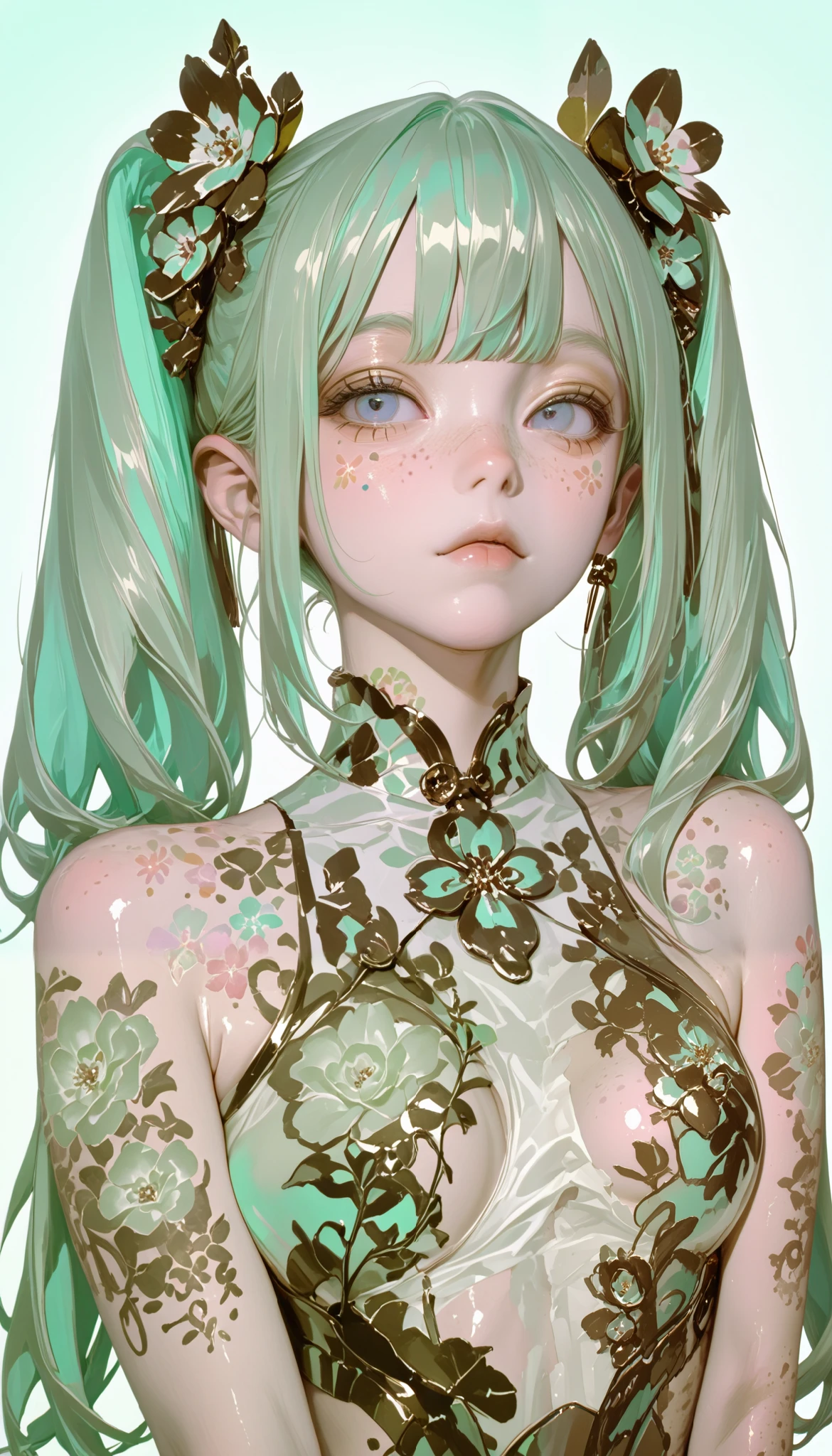 Preview , trend-savvy , great work,Glass gloss ,(( clean backgrounds )), purple,(((red)))、 orange,gold, BEST QUALITY BEST , Deep-chested girl , dreamy、 Young Japanese woman with intertwined ornaments、 bangs with lots of flowers 、Pastel green hair , blue eyes, twin tails、 Hatsune Miku、 Intricate floral patterns painted in vibrant pastel colors . Bangs are straight、 upper body、Warm Skin, , colorful tattoos cover arms 、 Flowers and plants 、 Smooth skin dotted with freckles , meticulously rendered in a pastel color palette . Background is vintage wallpaper with small floral patterns . the line art is accurate , This work is、 Fusing traditional Japanese aesthetics with modern illustration techniques , Short bangs 、 Pastel green hair , Shiny Skin, Gentle skin tones 、
