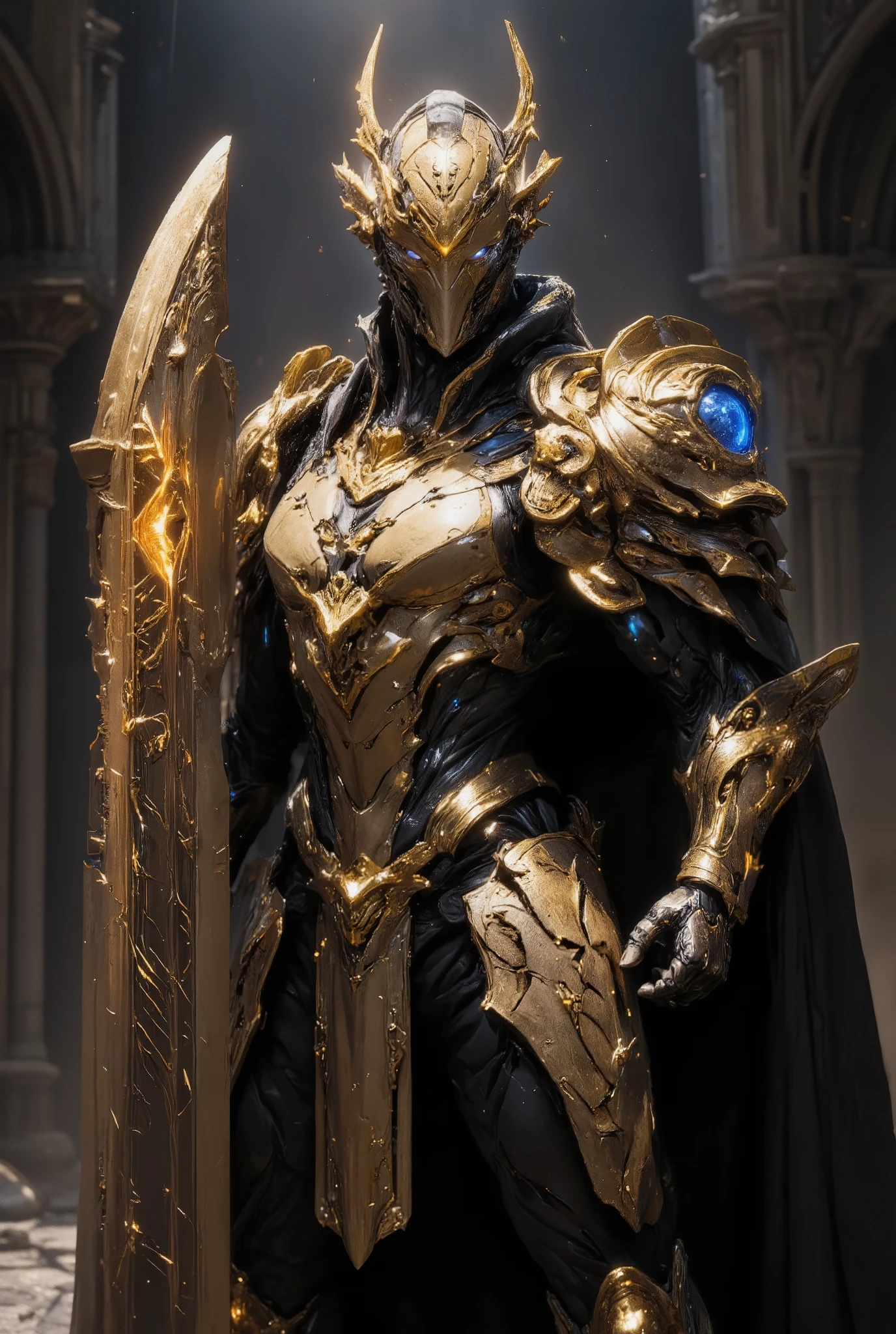 An awe-inspiring paladin wearing golden armor, wielding a sword imbued with radiant light, and holding a golden giant shield. The paladin’s blue eyes shine with determination as they navigate through the dark and mysterious cityscape. The glow of the paladin’s sword illuminates the surroundings, revealing intricate details and adding a cinematic touch to the composition. The overall aesthetic captures the beauty and depth of the scene, reminiscent of Fujifilm photography.smile