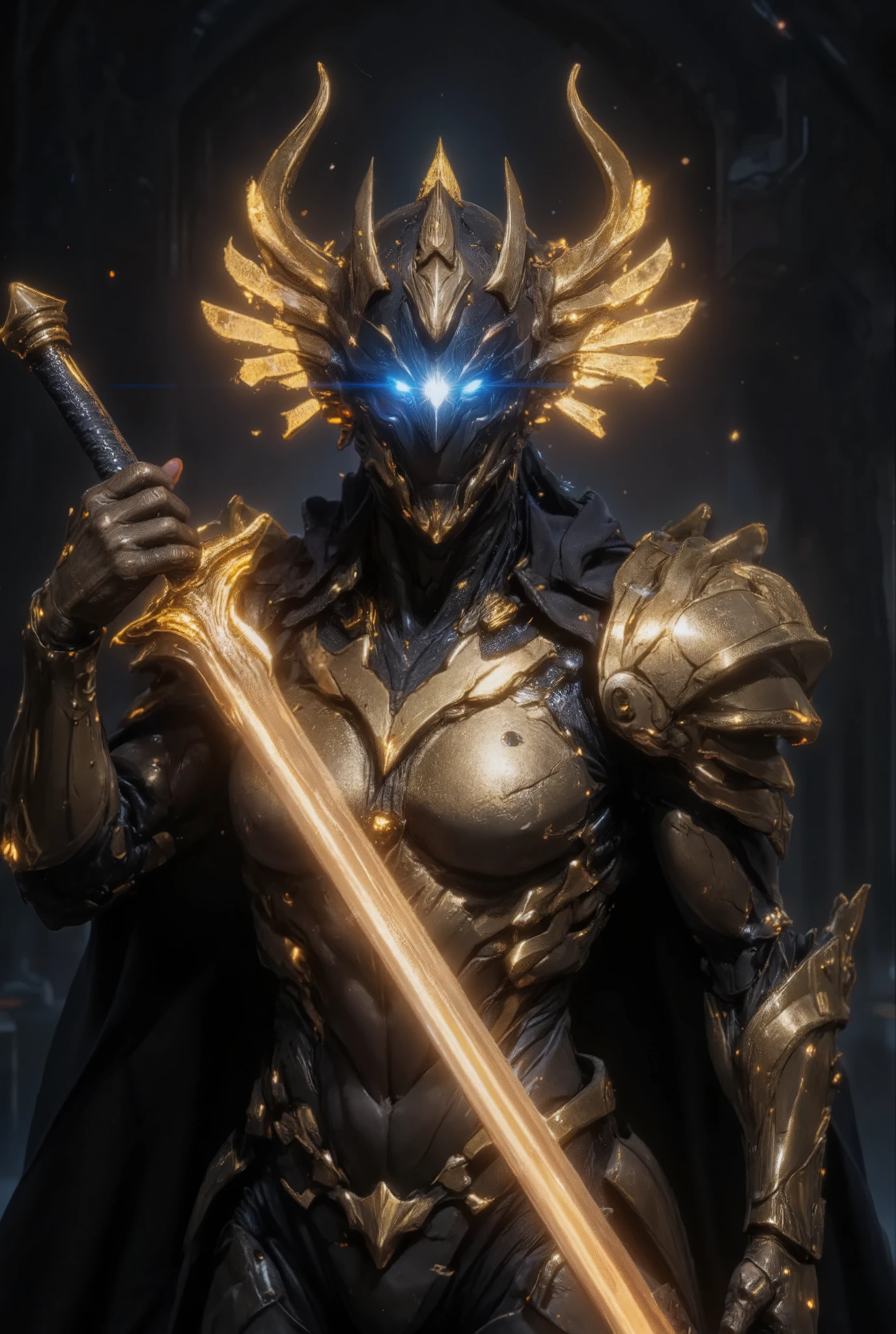An awe-inspiring paladin wearing golden armor, wielding a sword imbued with radiant light, and holding a golden giant shield. The paladin’s blue eyes shine with determination as they navigate through the dark and mysterious cityscape. The glow of the paladin’s sword illuminates the surroundings, revealing intricate details and adding a cinematic touch to the composition. The overall aesthetic captures the beauty and depth of the scene, reminiscent of Fujifilm photography.smile