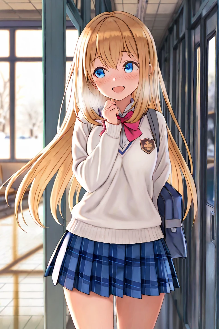 (masterpiece), (best quality), (illustration), (beautiful detailed), (highres), (youjitsukei), white skirt, brown footwear, miniskirt, pleated skirt, red jacket, looking at viewer, table, chair, arms behind head, sitting, sunset, (school uniform), white shirt, smile, blush, indoors, window, [building], classroom, table, (coffee:0.5),