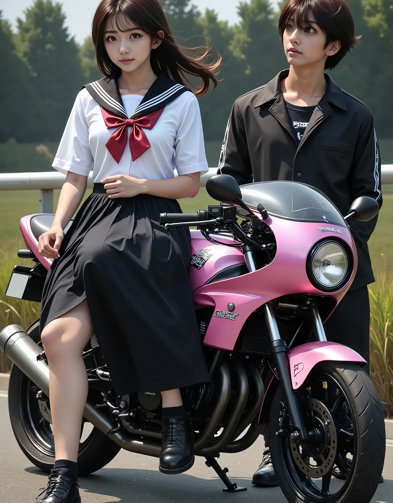 DOCUMENTARY PHOTOS, realistic, dramatic scene, Very Beautiful Japanese High School Girl , cute woman but Bad boy, beautiful white clear skin , ( 非常に長い黒いスカートの sailor suit ), red ribbon , Sera Clothing, sailor suit , white shirt, wearing black loafers , punk rock styled mature Bad boy, brown short curly hair , Permed hair , red lips, Bad boy, ( they are suffering ), Slim Waist , She is riding a motorcycle on a sidewalk between rice paddies wearing Japanese high school black , Vending machine speech , In winter, pink graffiti bike 、white seat , Sulky, puffy , open leg , cross legs, extra long skirt