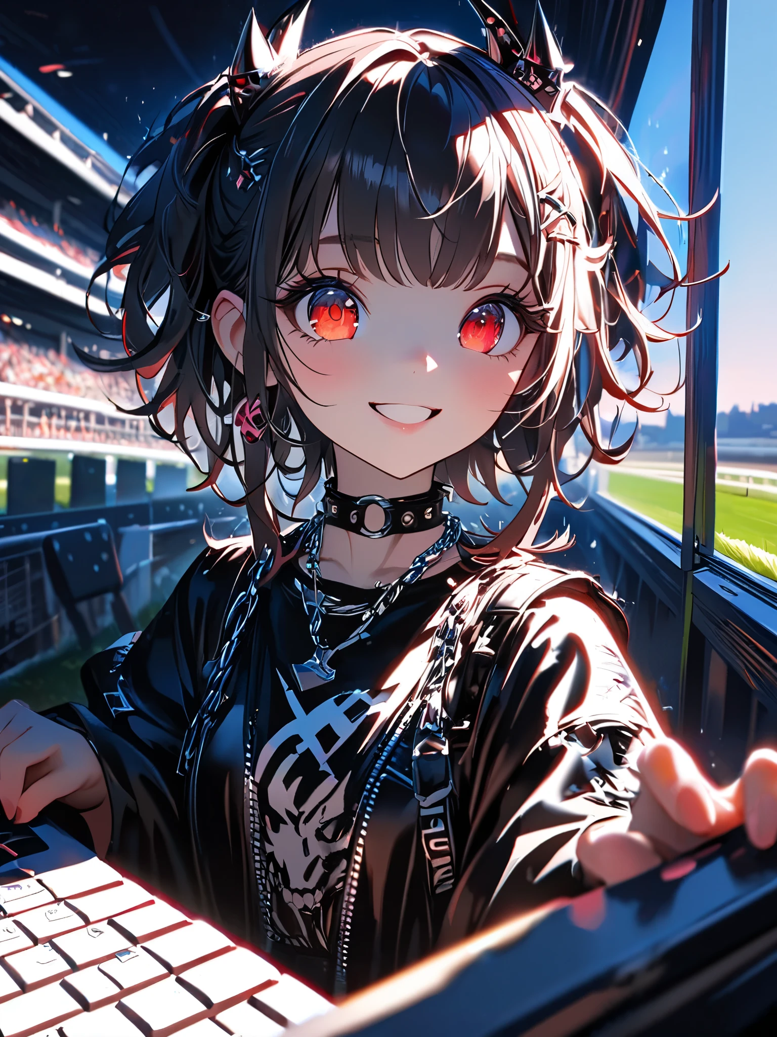 1 girl, a cute dress with a long coat 、 in , beautiful eyes、 keyboard every little detail , Soft light, Masterpiece, , complicated , Tone Mapping . Charterner v2 , , clear focus , dramatic lighting , Very cinematic, super Practical painting, art station trend , 8k, の素晴らしい影が付いた keyboard , Practical, whole body, View, Viewers, Portrait of a Girl 1, standing at the racecourse , Heavy rain and thunder、Dark Skies, neon and cyber punk background, she is dressed in punk clothing with silver chains and silver spikes, 彼女の髪teeth黒く染まっている ..........Ominous aura of light, smile, punk, ciber punk, backlit. : cute , . standing at the racecourse , . Beautiful red eyes. cute , keyboard . . teeth . をつけた keyboard 、 {x}, A girl around 20 years old is wearing a long leather coat .Breasts are big.Breasts are big. wearing headphones