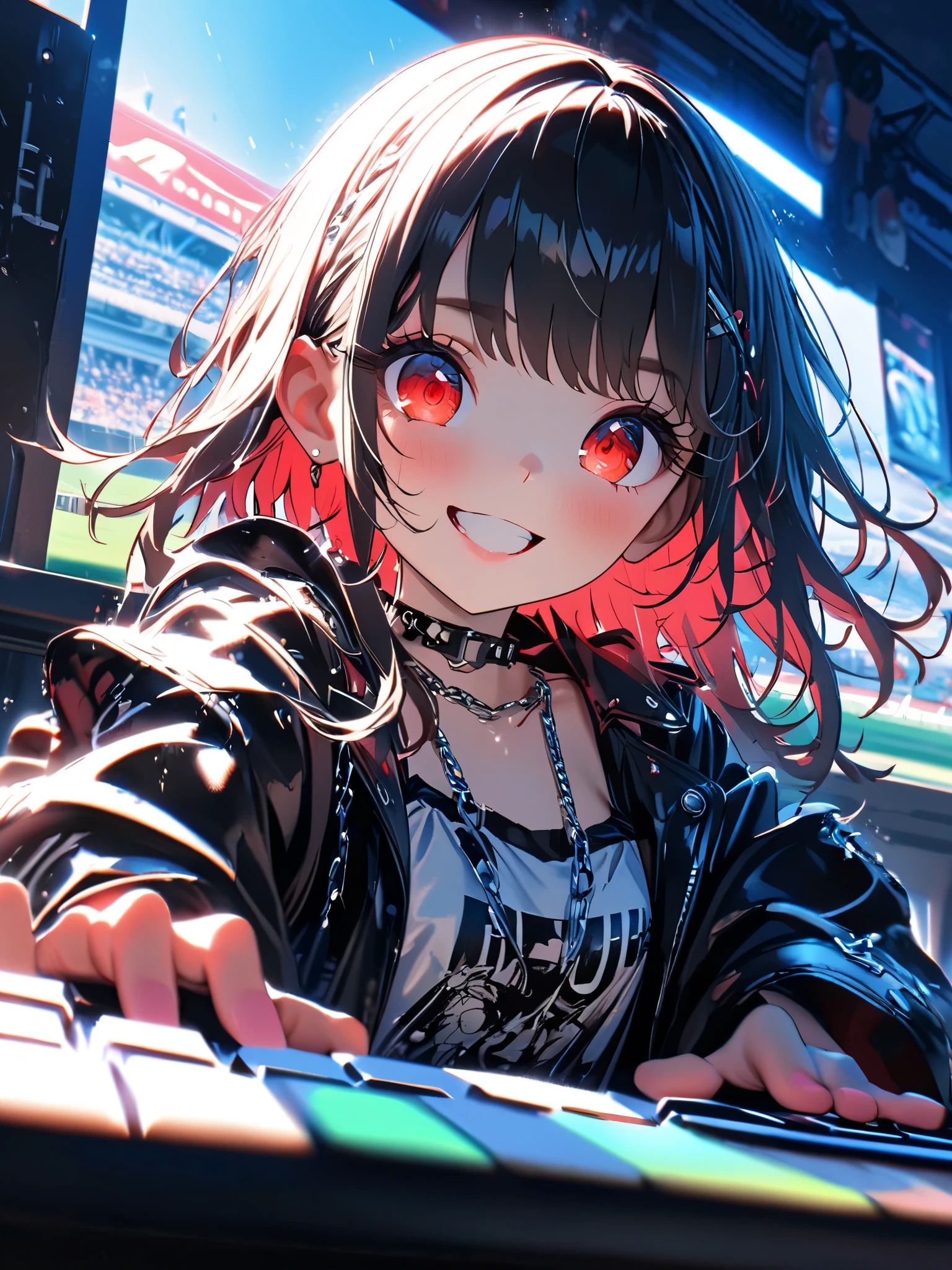 1 girl, a cute dress with a long coat 、 in , beautiful eyes、 keyboard every little detail , Soft light, Masterpiece, , complicated , Tone Mapping . Charterner v2 , , clear focus , dramatic lighting , Very cinematic, super Practical painting, art station trend , 8k, の素晴らしい影が付いた keyboard , Practical, whole body, View, Viewers, Portrait of a Girl 1, standing at the racecourse , Heavy rain and thunder、Dark Skies, neon and cyber punk background, she is dressed in punk clothing with silver chains and silver spikes, 彼女の髪teeth黒く染まっている ..........Ominous aura of light, smile, punk, ciber punk, backlit. : cute , . standing at the racecourse , . Beautiful red eyes. cute , keyboard . . teeth . をつけた keyboard 、 {x}, A girl around 20 years old is wearing a long leather coat .Breasts are big.Breasts are big. wearing headphones