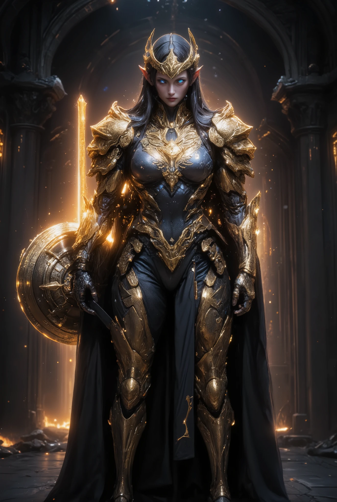 An awe-inspiring paladin wearing golden armor, wielding a sword imbued with radiant light, and holding a golden giant shield. The paladin’s blue eyes shine with determination as they navigate through the dark and mysterious cityscape. The glow of the paladin’s sword illuminates the surroundings, revealing intricate details and adding a cinematic touch to the composition. The overall aesthetic captures the beauty and depth of the scene, reminiscent of Fujifilm photography.smile