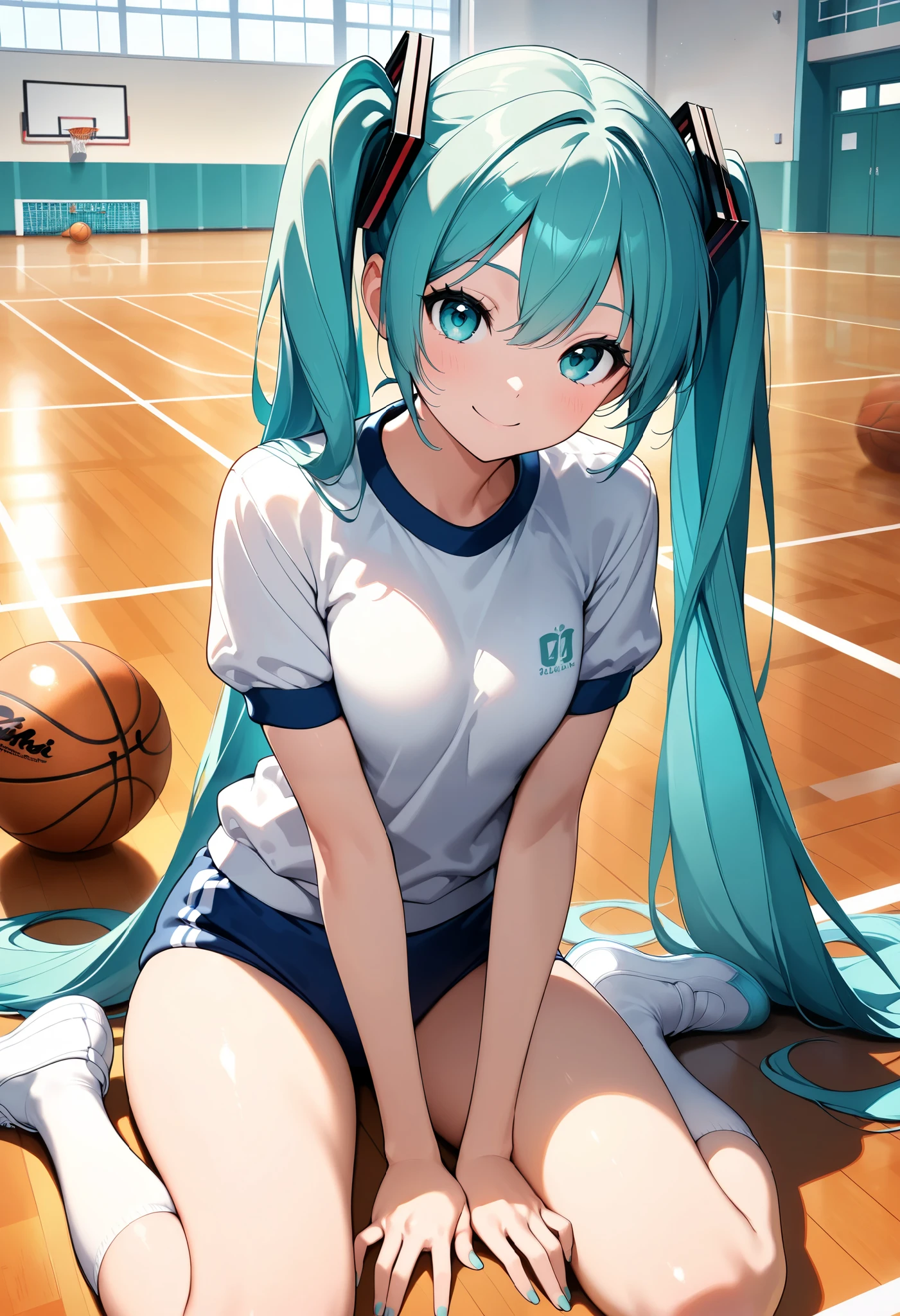 is so lovelyな女子校生, 1 snapshot of a woman, Devilish Beauty , Hatsune Miku, (turquoise color hair , twin tails, School gym clothes, buruma), sits on the basketball, smile, indoor basketball court, Line on the floor of the court , basket goal, Glamor, is so lovely, colorful , lively, look at viewers, Sexy Poses, HD, very aesthetic, best quality , masterpiece.