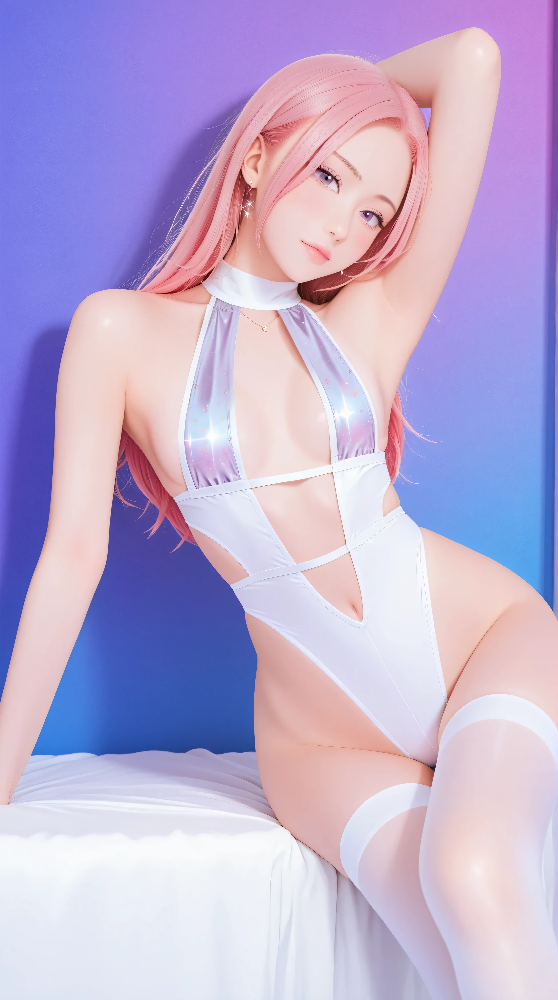 (UHD, 32k, realistic, highest quality: 1.4), (Japanese,woman,pink and white hair, (blue eyes)),((Please show me your armpits),whole body,open your legs,bite),((transparent clothes 2))