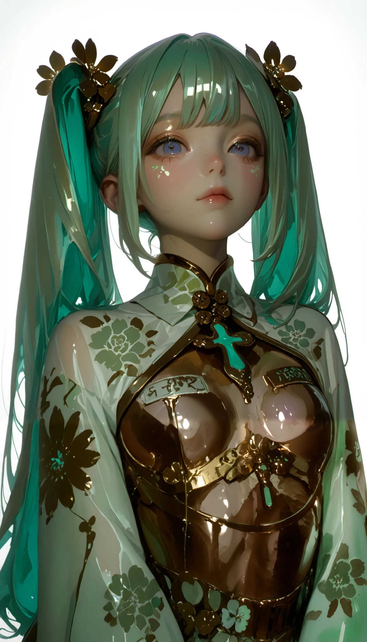 Preview , trend-savvy , great work,Glass gloss ,(( clean backgrounds )), purple,(((red)))、 orange,gold, BEST QUALITY BEST , Deep-chested girl , dreamy、 Young Japanese woman with intertwined ornaments、 bangs with lots of flowers 、Pastel green hair , blue eyes, twin tails、 Hatsune Miku、 Intricate floral patterns painted in vibrant pastel colors . Bangs are straight、 super face up looking at the viewer、Warm Skin、 Background is vintage wallpaper with small floral patterns . the line art is accurate , This work is、 Fusing traditional Japanese aesthetics with modern illustration techniques , Short bangs 、 Pastel green hair , Shiny Skin, Gentle skin tones 、