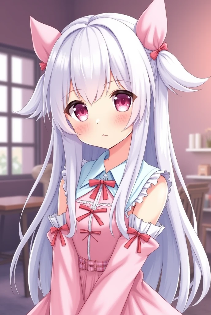 Beautiful illustration、top-quality、Cute little girl s、Bedroom、PastelColors、Fluffy rabbit ears、小柄、Silver long hair、rabbit stuffed、Bright lighting、bright pink eyes、Pony tail