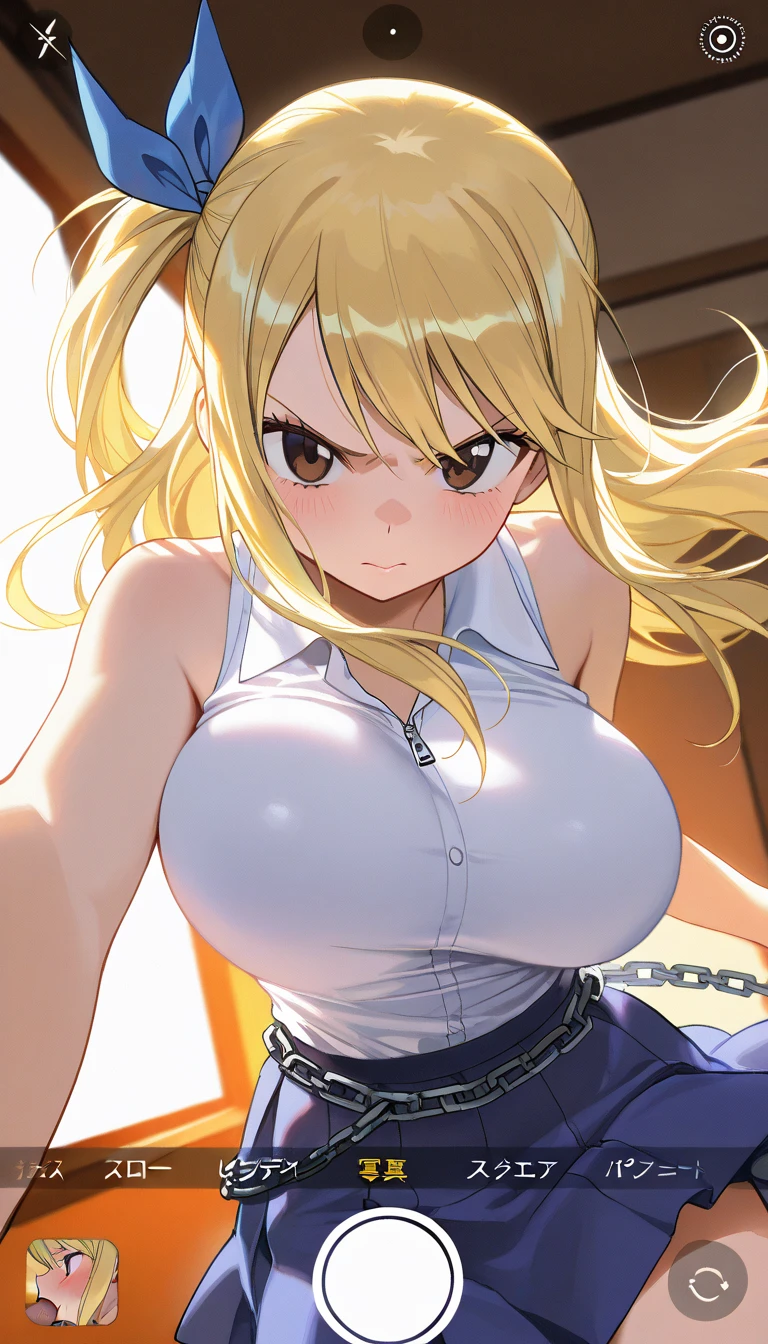 blonde Hachimiya Meguru with twintails, a very detailed face, blue eyes, very large breasts, a slim waist, slim hips, pink t-shirt with cleavage, a light blue skirt, a gold star necklace, very long chain earrings to the shoulders, sitting in a bedroom on a bed. On a pillow lies a leash.