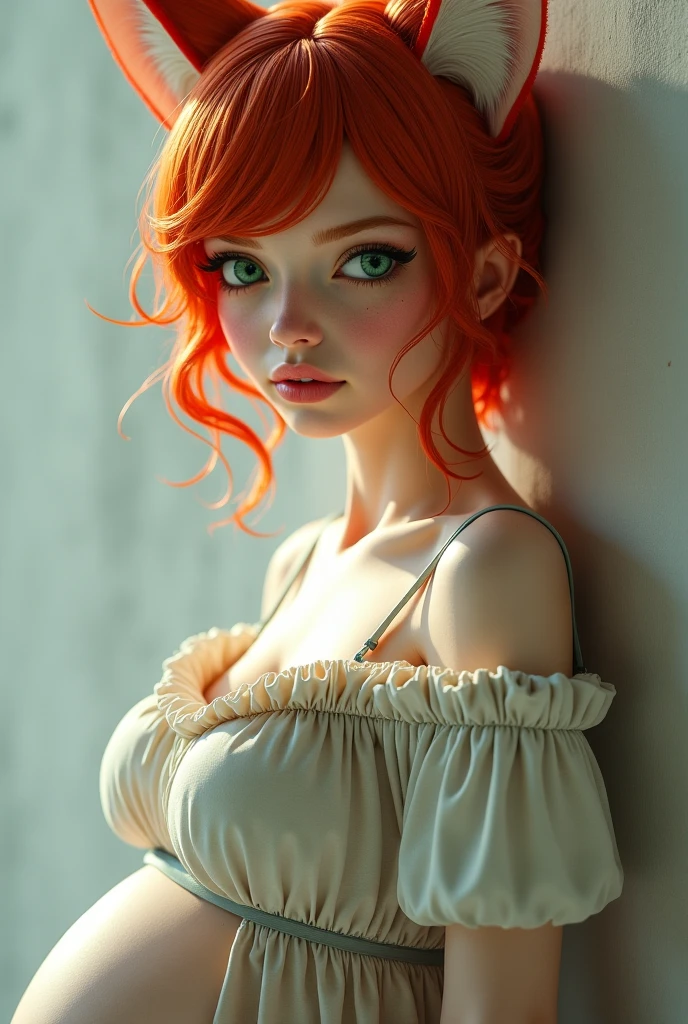 redhead girl, with huge tits, visible breasts and vagina, and schoolgirl dress.