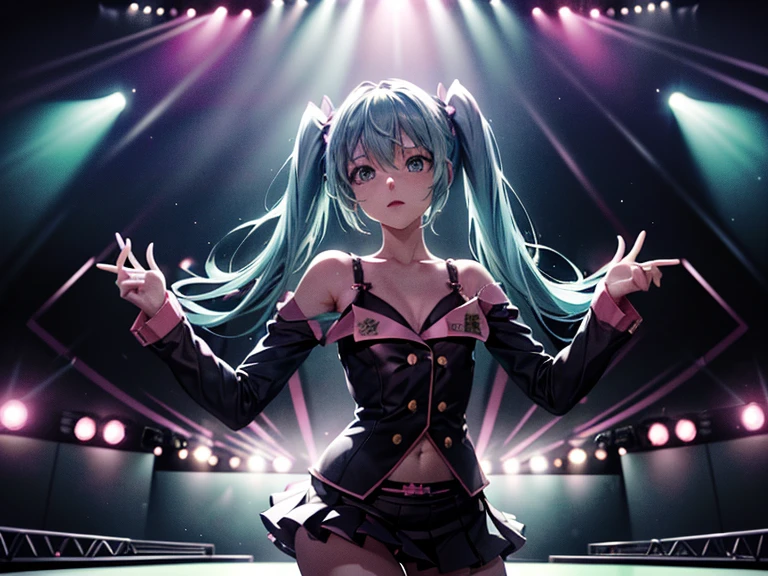   Hatsune Miku,scene.   bright light.   singing、   . ((spot,   stage, ライブ  stage:1.4)), Accurate Fingers, Light effects, Dance Motion,   sensational  ,  anatomically accurate system 、Raise your right hand up、Open your right hand、sweat、 from the front