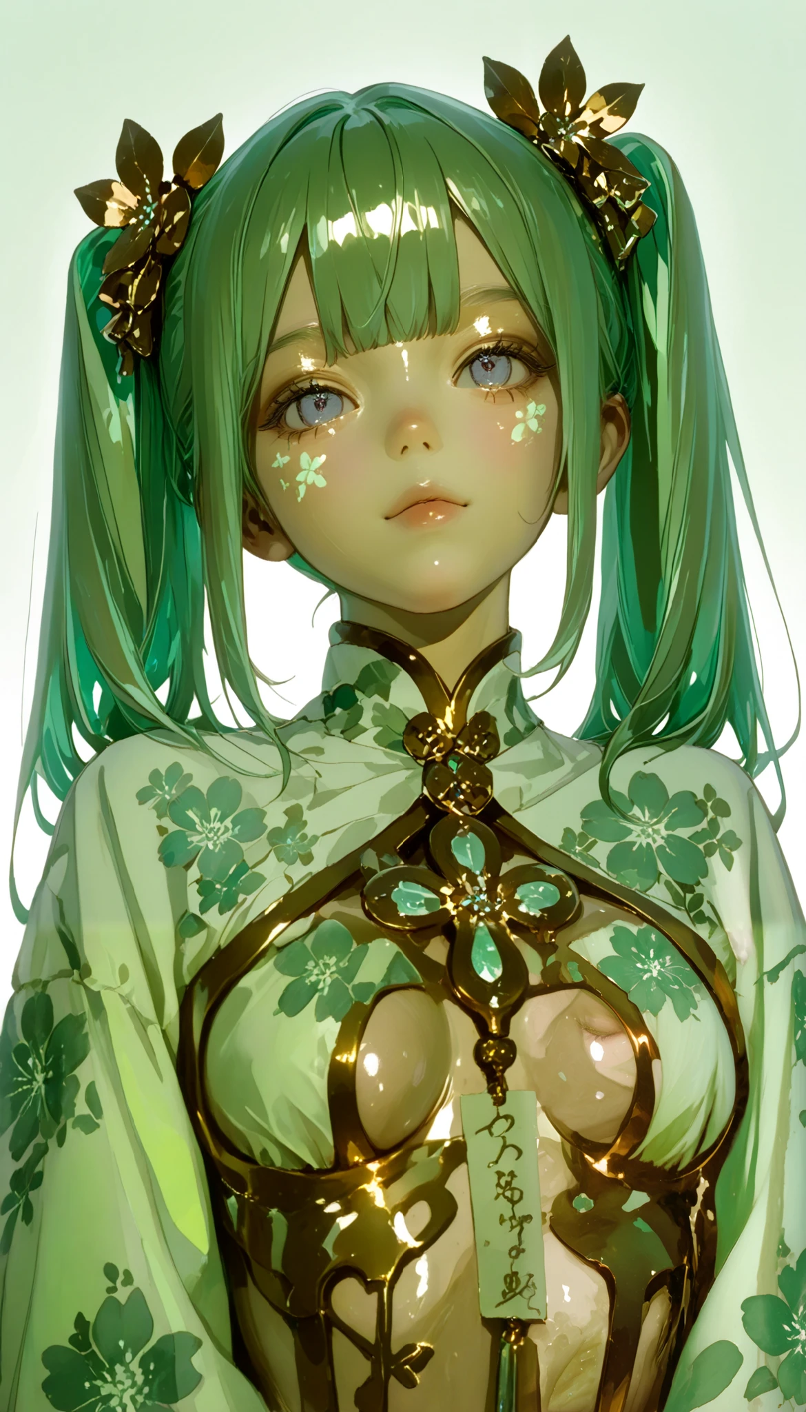 Preview ，  trend-savvy  ,  great work，Glass gloss  ,((  clean backgrounds  ))，  purple，(((red)))、 orange，gold, BEST QUALITY BEST ，  Deep-chested girl ,  dreamy、  Young Japanese woman with intertwined ornaments、 bangs with lots of flowers 、Pastel green hair , blue eyes,  twin tails、  Hatsune Miku、  Intricate floral patterns painted in vibrant pastel colors .  Bangs are straight、 upper body、Warm Skin、 sink、 Background is vintage wallpaper with small floral patterns .  the line art is accurate  , This work is、  Fusing traditional Japanese aesthetics with modern illustration techniques ,  Short bangs 、 Pastel green hair , Shiny Skin, Gentle skin tones 、
