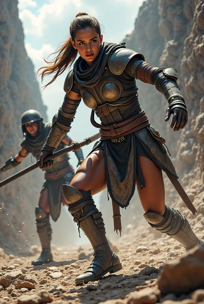 a girl in warrior-suit banishing a Ghost-spirit,  intricate, iconic kicking stance, full expression, shout out, epicRealism, UHD, 8k, super detailed,