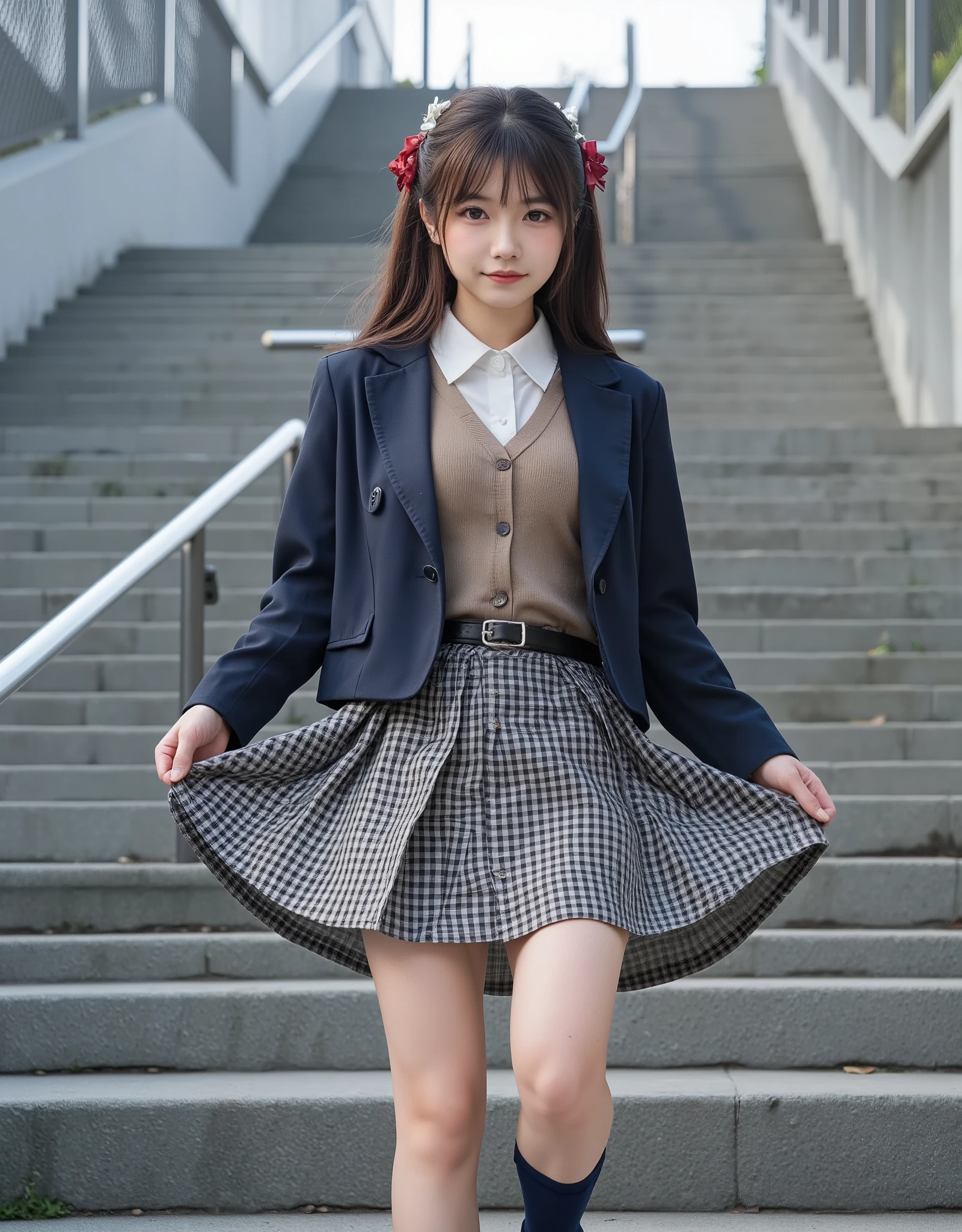 (Masterpiece, best quality , high resolution, 超 high resolution, Pixel Perfect , Depth of Written Border, 4K, RTTX10.0, high resolution))), ( one woman:1.3), a beautiful real woman , beautiful art style , (( detailed face:1.2)), ((urination、 peeの漏れ、 pee、Lots of urine、from below、stare at the audience ))、(( smooth texture :0.75, realistic texture :0.5, Real CG style)), ( max resolution: 1.2), Cinema Lighting, (( best quality )), ((Masterpiece)), ( high resolution), 8k, Best Shadow , best natural light , movie, (Adult woman going down the stairs:1.2), ( tea hair,)、shy、 ponytail, red ribbon , ( Navy Blue Blazer , brown cardigan, white shirt, Check Skirt ))、(Dark blue socks)、(( Front Map))、( Frontal Angle:1.1)、 station stairs、City Stairs, ( skirt flipped up in strong winds :1.3), (A perfect skirt of uniform length:1.4), Stylish White Side Tie Lace Panties, super realistic pantyhose、 pantyhose and skirt 、 slender body, beautiful thighs, ( embarrassing look ), pulling a skirt , Legitimate, Photo shoot with women and consent, wind lifting