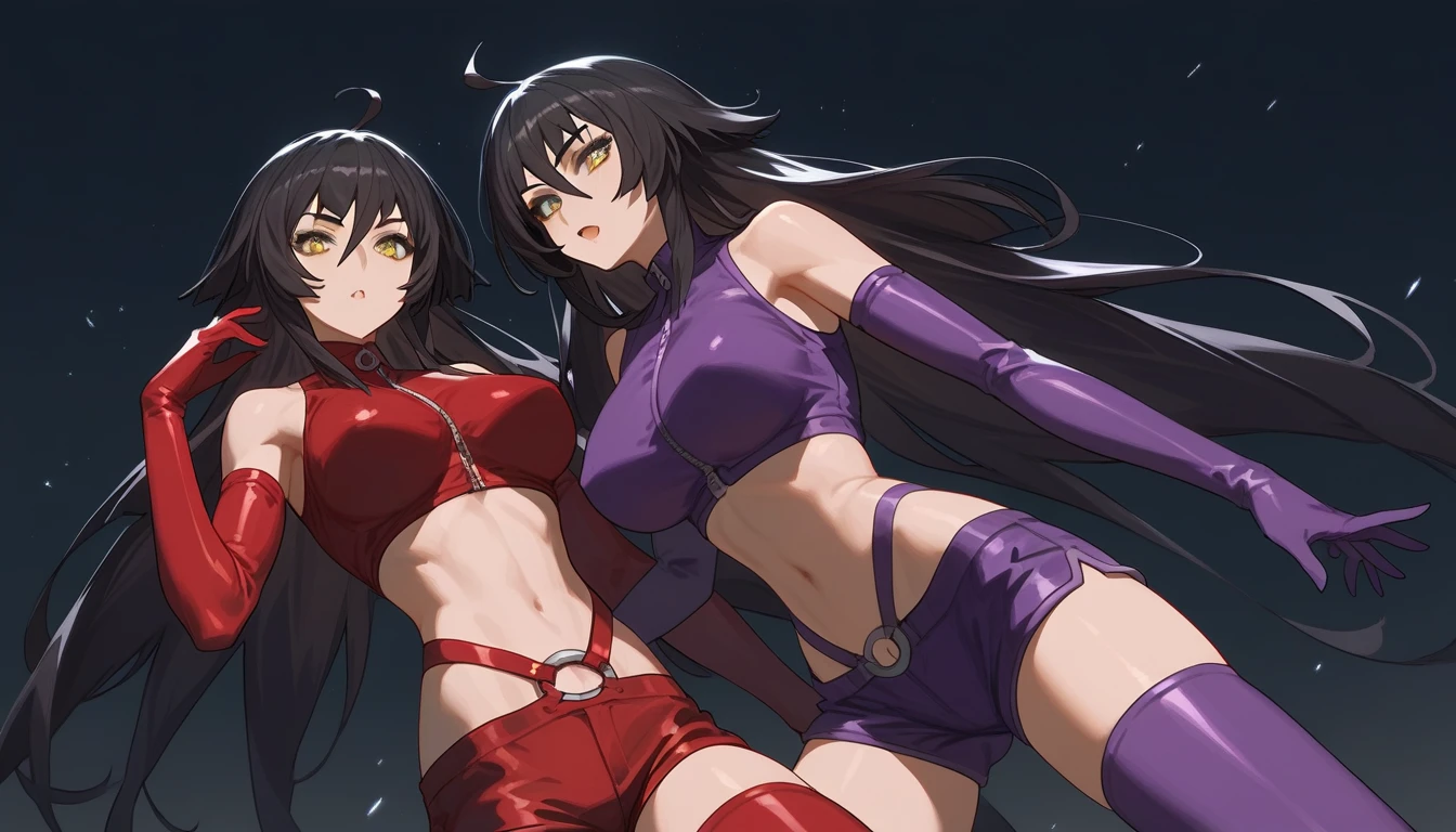 アニメ cel-shading Akame, red eyes, black hair, bikini, on the beach in ((anime + manga + comics + cartoon) style) 