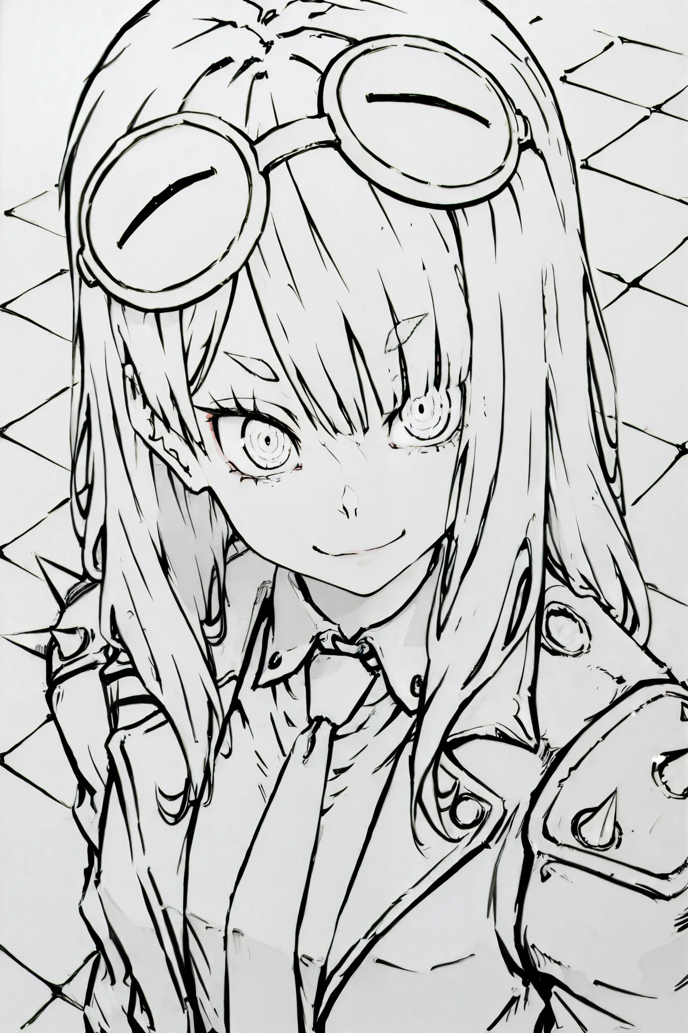 score_9, score_8_up, score_7_up, score_6_up, score_5_up, score_4_up,
BREAK
(masterpiece: 1.0), best quality, perfect anatomy, perfect composition, perfection,
BREAK
line-art, lineart, monchrome, greyscale, masterpiece. kdm style, no color
BREAK
1girl, school shirt, tie, jacket, spiked shoulder pads, shoulder length hair, hair over one eye, ringed eyes, googles on head, high angle, smile, small eyebrows, defined eyelashes