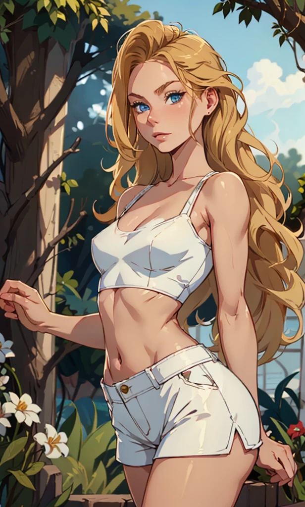 A blonde woman on all fours looking at the viewer, and a woods, wet skin, wearing a white lingerie, beautiful ass, big ass, (extremely detailed face), from behind, 8K resolution, super detailed, high quality