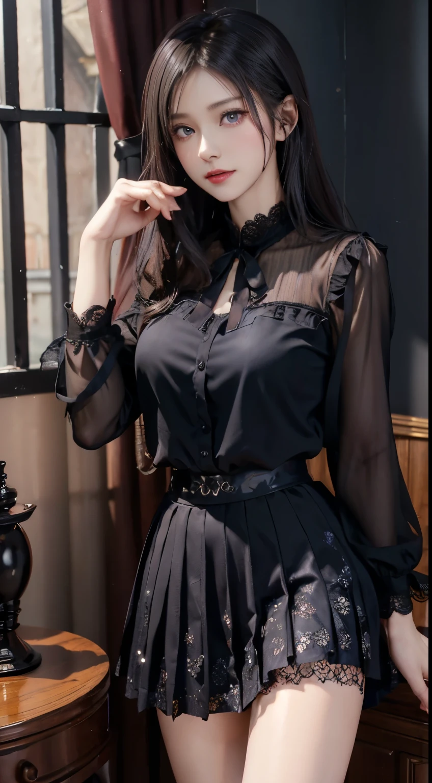 Charming beauties、school uniforms、blouse、pleatedskirt、Evil Female Executive、Evil Fall、dark、brainwash、panthyhose、lacy fabric、Glossy legs、lipsticks、Evil look、Suspicious look、Hollow eyes、darkened room、Night、wicked、seductiv、Keep your head down