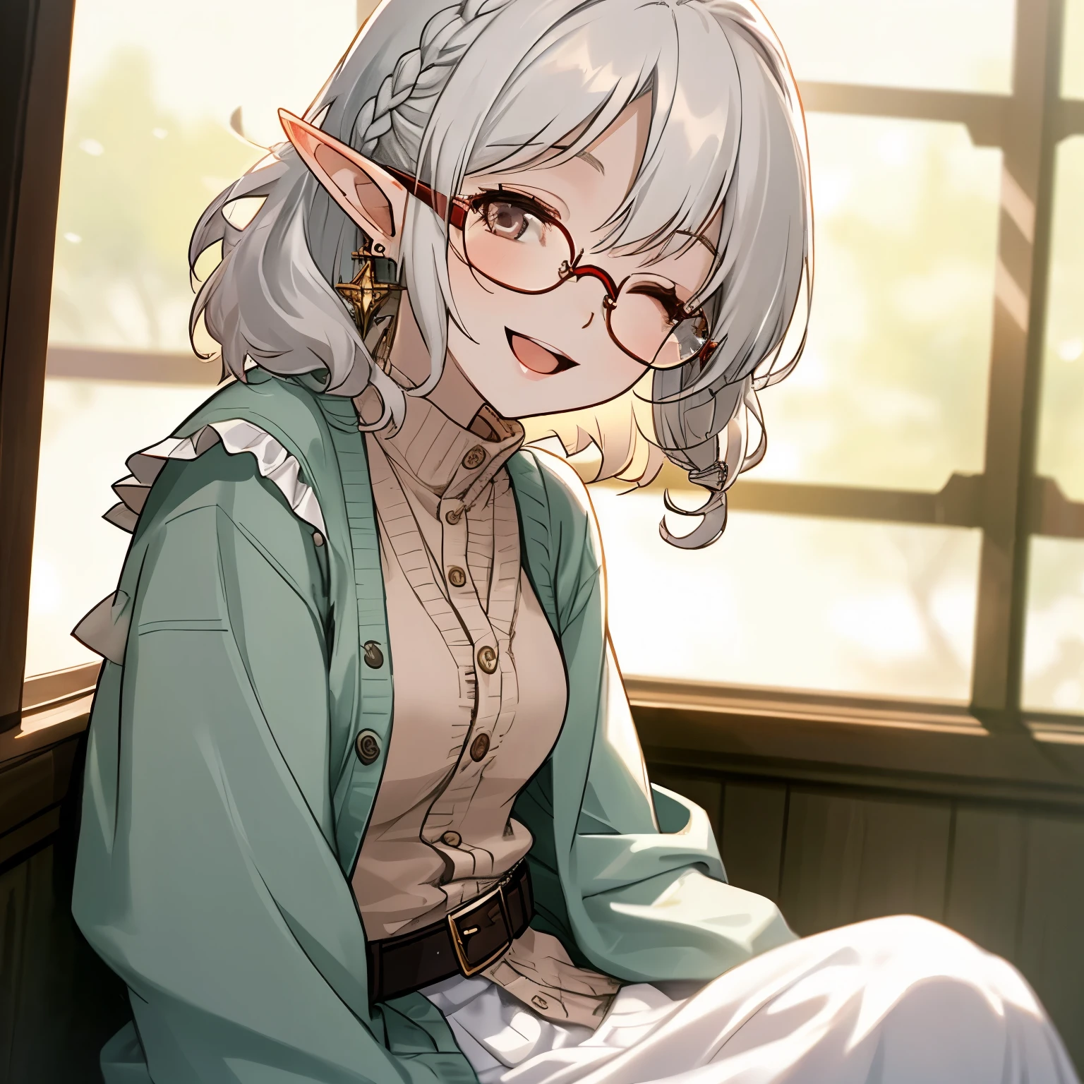 female, woman, elf, delightful, laughing, sitting on the floor, looking at viewer, curly, blindfold, braids, side part, medium hair, white hair, eyes closed, pale skin, skirt, frilled clothing, cardigan, glasses, earrings, belt, fantasy, upper body