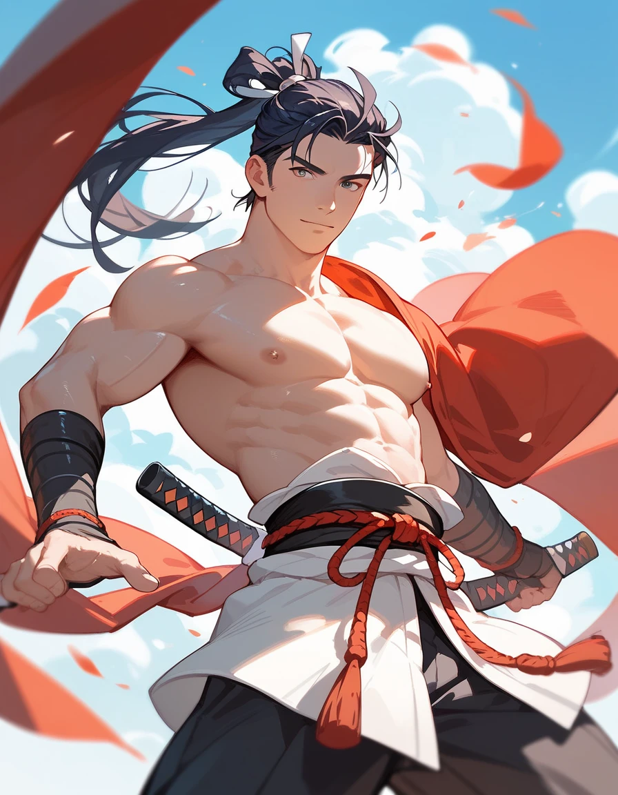 A hot-blooded boy with a strong sense of justice。Holding a Nichirin sword、Rin fighting demons々With a serious expression、In the landscape where the morning sun shines、Show a kind smile。The background is a bamboo forest and sunrise.、A powerful and hopeful atmosphere。