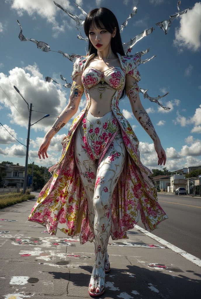 A late 30s woman, full length portrait, various modeling poses, catwalk strut, crowded city street, wide shot, UHD, 8k, strong details, BREAK: lopsided smirk, sapphire blue eyes, palest alabaster white skin, (slim and soft physique), full color body tattoos, heavily tattooed, ((butterfly-winged skull tattoo above breasts:1.3)), honey blonde hair in a messy bun/mohawk, red bodycon dress, (low rooted bust:1.4), pierced nipples under dress, pokie nipples, long legs, (strong glutes), short torso