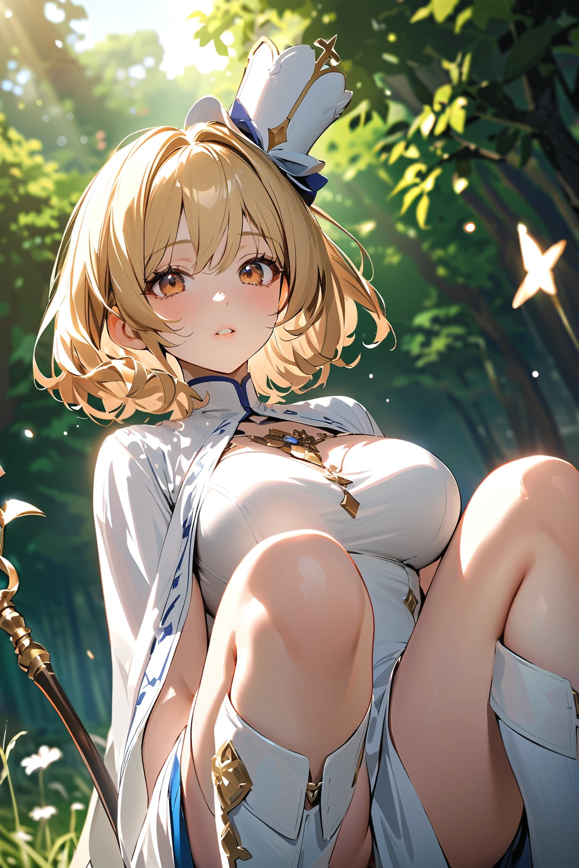 ((masturbation)), ((nsfw)), pretty, 8k, (li), solo, glossy blonde hair, closed eyes, ahoge, elf, blush:1.5, yukata, from below, outdoor, the Star Festival, milky way, ((star night:1.5)), Bamboo leaf, strip of paper, single hair bun, (shooting star), blunt bang, sitting on the grass, topless, breast squeeze