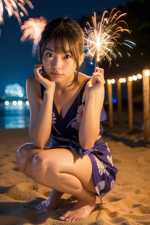 Best Quality, masutepiece, 超A high resolution, (Photorealistic:1.4), Raw photo,8K, full body Esbian、full-shot、SFW、Beautiful Japan girl in the image of a geisha with big bright blue eyes and long fluffy eyelashes and fluffy wavy bob-cut wheat-colored hair with a graceful figure,、Squat across the beach towards the fireworks、Yellow and Japan shoes gatte color yellow、 ((Girls' yukata is、Sunflower appliqué and cherry embroidery))、Colossal tits、The scene is very artistic、In high resolution、The focus is clear and、、、、Artistic style of the Migiorni V5、hyperphotorealism、perfectly proportions、the golden ratio、f lare、outlines、 soft glow、softfocus、Photography Techniques Monocle、(Fireworks at night:1.4)、Beautiful starry sky:1.2、(night seaside:1.3)、((Don't get naked:1.5))、Lovely smile、(White pantyhose:1.4)、(Close the front of the yukata:1.4)、(White panties:1.2)、((No text:1.3))、((No logo:1.3))、((Squats with legs spread wide:1.4))、((Yellow with floral bra:1.3))