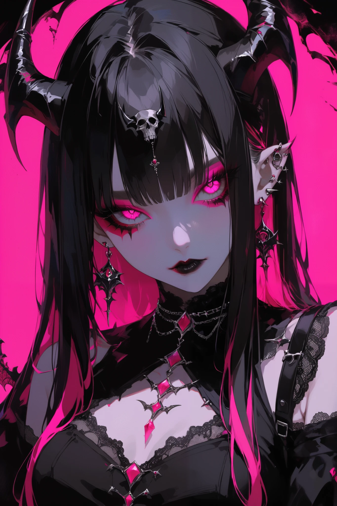 Appearance: Gothic demon girl with long black hair, straight bangs, and pale skin. 、Eyes: Bright pink eyes with intense, piercing gaze. 、Accessories: Multiple earrings, including skull-shaped and studded designs. 、Horns: Curved, dark gray demonic horns. 、Makeup: Dark lipstick and bold red eyeliner. 、Clothing: Lace and gothic style with a dark aesthetic. 、Background: Bright pink, contrasting with her dark attire.