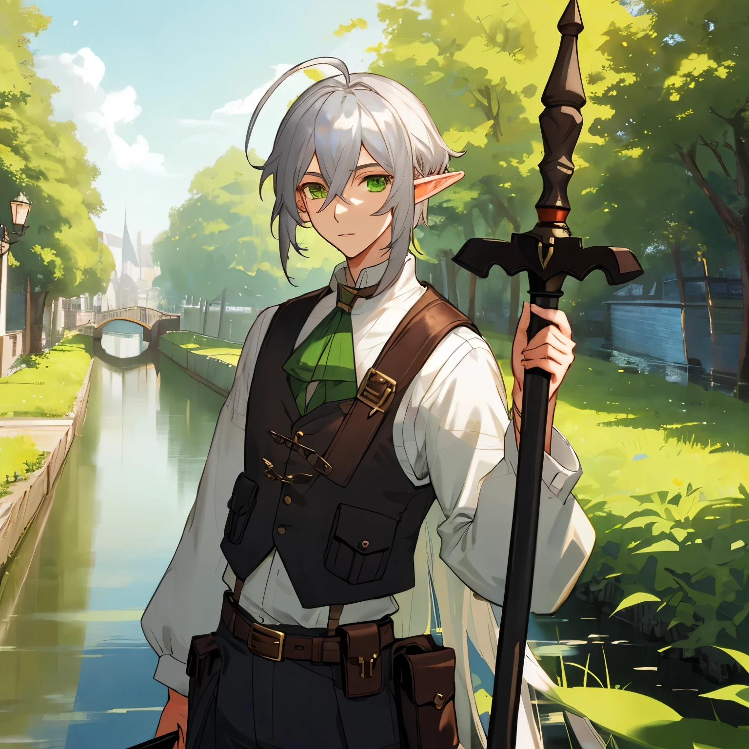 male, man, elf, intelligent, standing, ahoge, silver hair, green eyes, semi long, fair skin, wiry, pants, long sleeves, belt, waist pouch, vest, with a staff, in the canal, outside, fantasy, upper body
