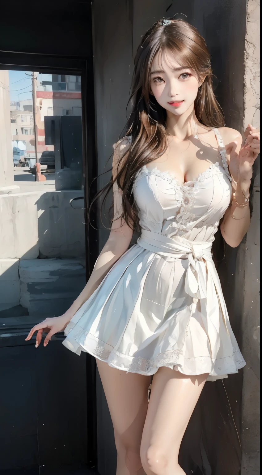 1girl, library, long layered hair, (fish eye lens), levitating books, white dress, cleavage, light from windows