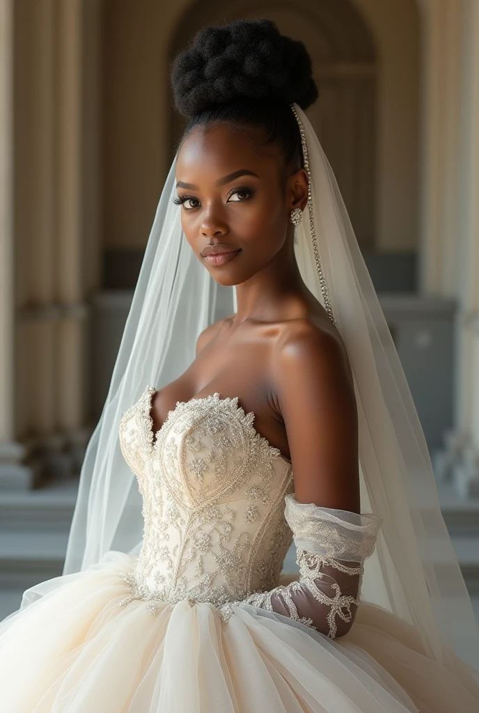 (photorealism:1.2), A realistic beautiful black woman, wearing a wedding dress, with a iced out chain with COCO