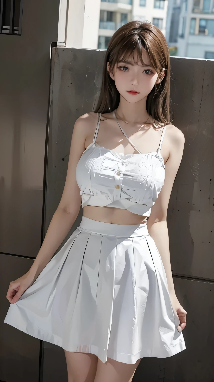 American girl Standing , white Single strap thin flower pattern , big breasts , look at the viewer , skirt