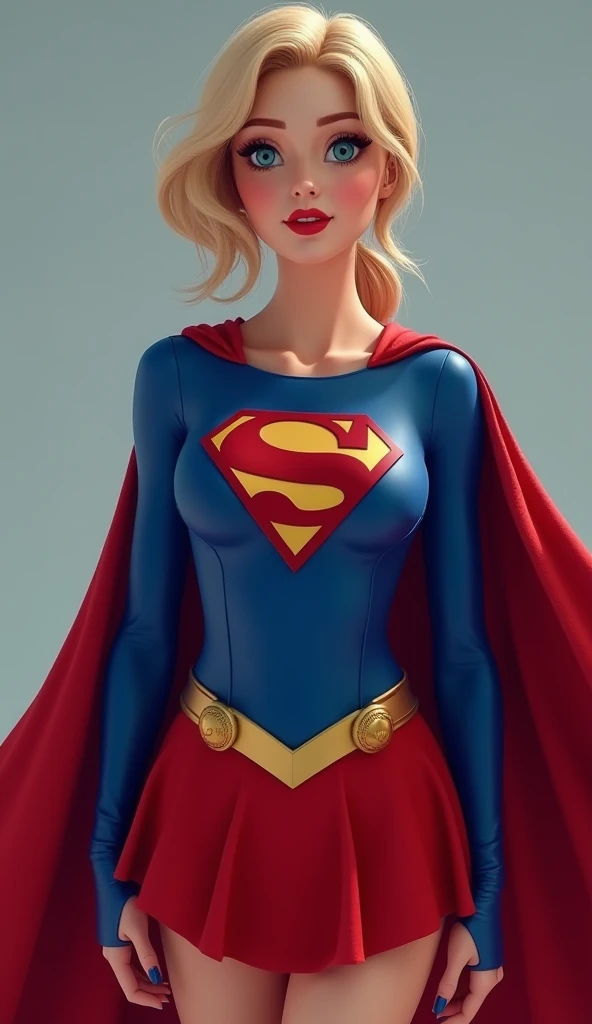 THE ORIGINAL 1950S SUPERGIRL WEARING A 1950'S SUPERGIRL COSTUME AND CAPE, HYPER REALISTIC. (( big boobs)) more sexy ponytail show abs and smile
