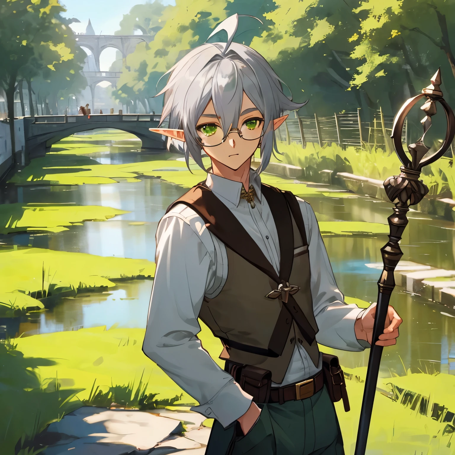 male, man, elf, intelligent, standing, ahoge, silver hair, green eyes, semi long, fair skin, wiry, pants, long sleeves, belt, glasses, waist pouch, vest, with a staff, in the canal, outside, fantasy, upper body