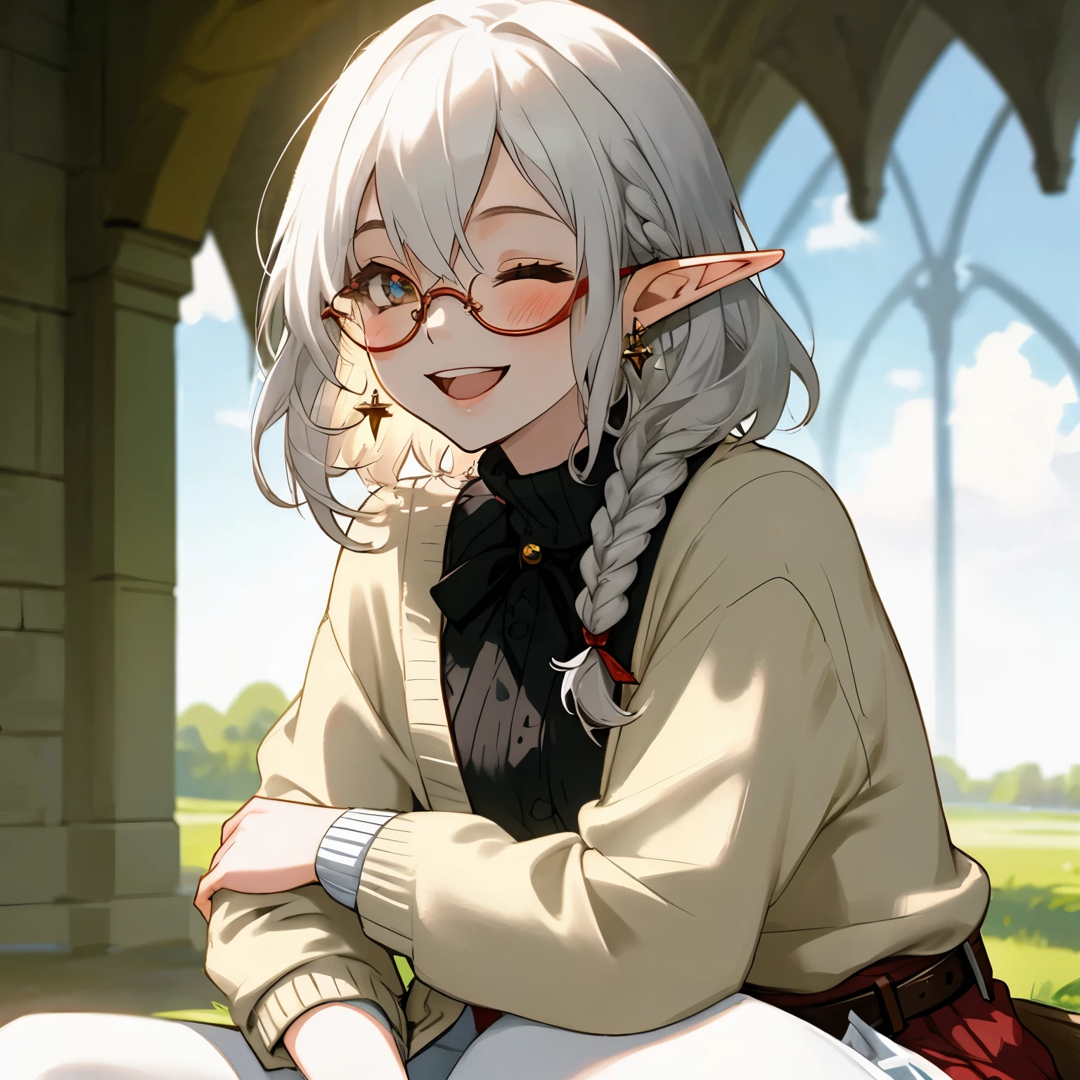 female, woman, elf, delightful, laughing, sitting on the floor, looking at viewer, curly, blindfold, braids, side part, medium hair, white hair, eyes closed, pale skin, skirt, frilled clothing, cardigan, glasses, earrings, belt, fantasy, upper body