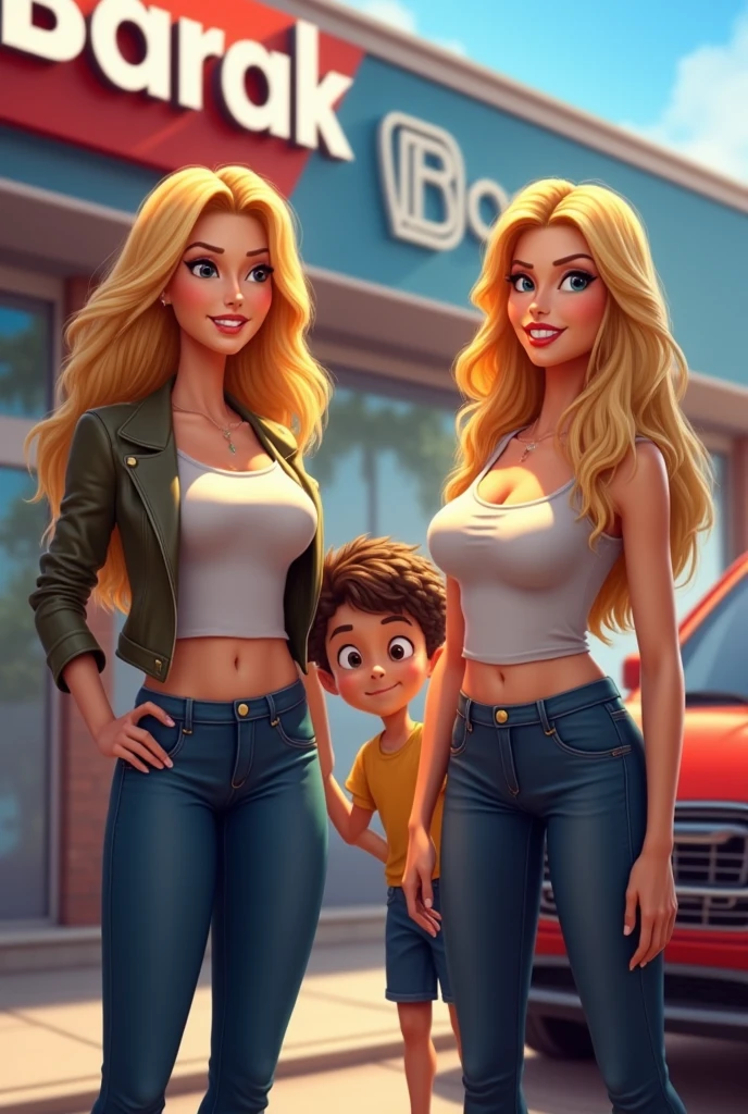 A tall, confident blonde woman in a beige bra, black skinny jeans, and white heeled sandals stands with one hand on her hip. She has long blonde hair and a poised expression. Next to her, a man with a cheerful smile is standing, giving a thumbs-up with both hands. He is wearing a light gray T-shirt and dark pants. On his shoulders, another man is sitting comfortably, holding onto the head of the man below him. This man is dressed in a dark gray T-shirt and jeans. In the background, another man, dressed in a dark-colored shirt and black pants, stands slightly behind the group, with a neutral expression.
