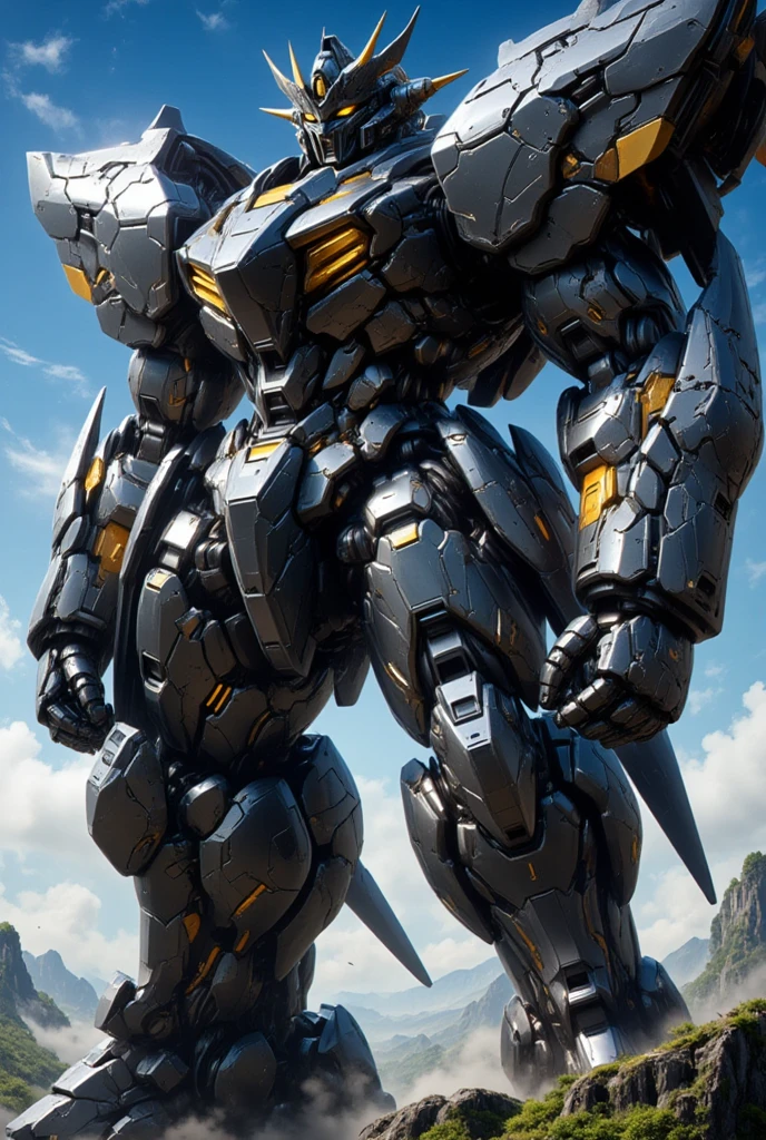 Large robot, height around five to six meters, robust armor, retractable armaments on the limbs, turbines for flight, intimidating appearance, aspects of modern Sci-Fi films such as Pacific RIM and others similar, art in the style of François Baranger. Ultra HD.