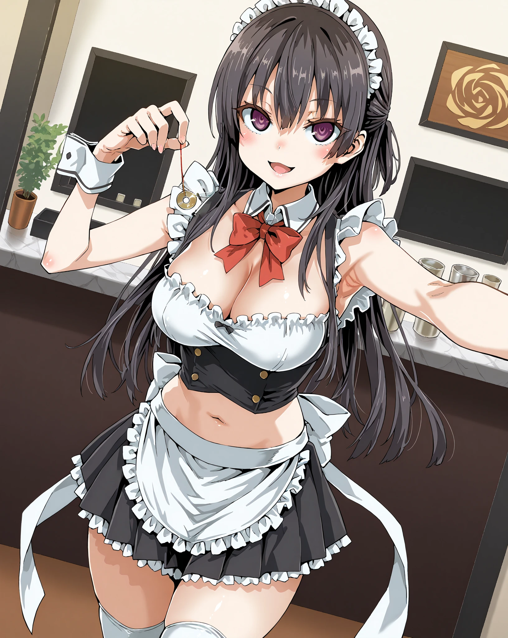 ichinose_shiki, blue eyes, (medium breasts:1.5), wavy hair, brown hair, (purple hair:0.5), earrings, jewelry, long hair, blush, lipstick, Hot girl, baddie, staring, glaring, bad attitude, mean girl, dare, angry, hate, crazy, smoking, sensual, attractive, jewelry, earrings, complex detailed background, casino environment, fancy interior environment, rich
interior, masterpiece, best quality, highly detailed, a anime girl in maid uniforms, holding pistol, maid
outfit, cleavage, evil smile, smile, open mouth ,ecchi anime style, anime girls, ecchi style, ecchi, digital
anime art!!, in anime style, official artwork, (nsfw) not safe for work, beautiful anime maid girl, anime
style 4 k, micro skirt, exposed belly, exposed navel, exposed midriff, exposed lower belly, holding a gun