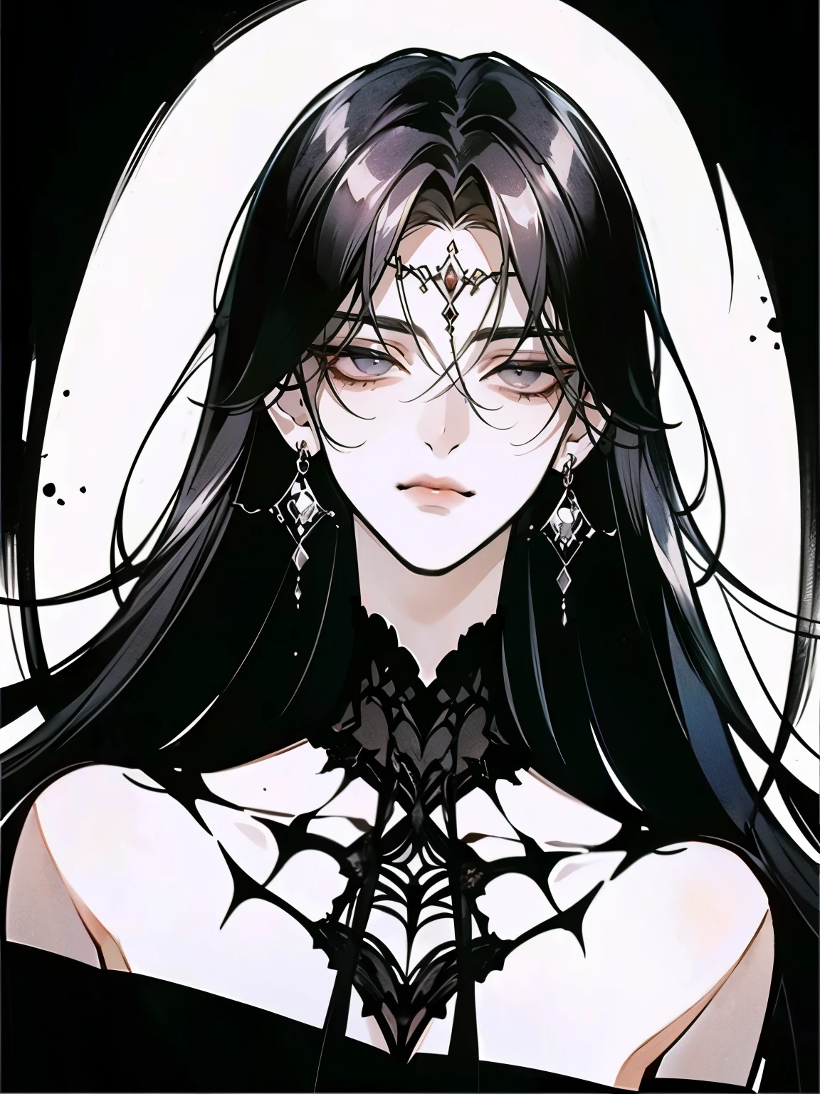 (portrait:1.4), (woman with spider-like elegance and regal presence:1.4), (long, flowing black hair cascading like silk:1.3), (piercing gray eyes glowing with cold calculation:1.3), (slight smirk, aloof yet commanding:1.3), (black spider legs and intricate tattoos), Designed to captivate and intimidate, (Best quality, 4K, high resolution, masterpiece:1.2). Glossy black spider legs arch gracefully around her, their polished chitin catching the dim light, adding a sinister elegance to her commanding silhouette. Her striking figure blends ethereal beauty with predatory power, her smooth pale skin marked by faint runic tattoos—testaments to her sovereignty and ancient wisdom. An intricately adorned spider abdomen rests behind her, its glossy surface a silent reminder of her deadly nature.
Attire: a flowing obsidian gown intertwined with strands of shimmering silver webbing, each thread carefully woven to reflect her meticulous nature. A delicate circlet rests upon her brow, inlaid with black opals and faintly glowing runes, exuding an aura of authority. Subtle jewelry—thin silver chains and polished onyx—adorns her wrists and neck, completing her unassailable presence.
Kasumi’s aura is a blend of chilling elegance and unyielding power, her movements precise, her gaze piercing. Every word she speaks carries the weight of centuries, leaving those in her presence in awe or dread, yet always captivated by the enigma of her existence.
