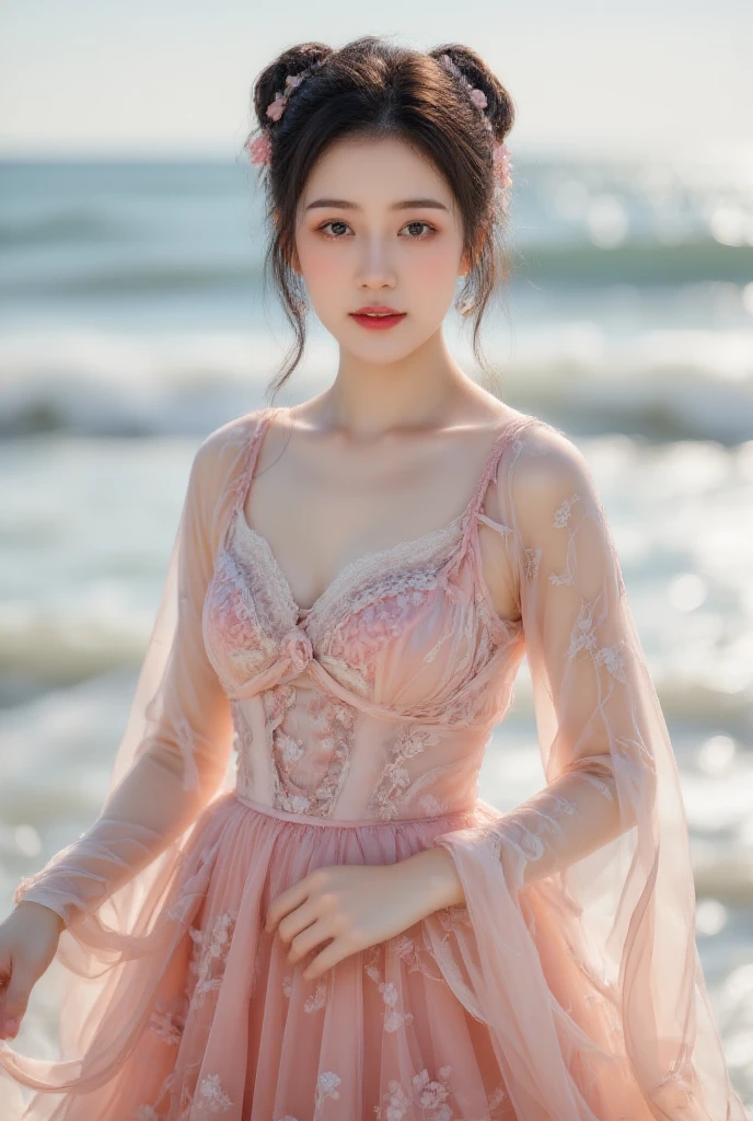 ((realistic)), a young girl, beautiful teenage girl, Light pink gauze dress, draped in silk, Floral, high-waist, Nice belt, cropped shoulders, slim, Slimming the waist, high-heels, Shy, grin, 耳Nipple Ring、choker necklace、Hairpins，Heavy makeup，Gorgeous eye makeup，extremely beautiful eyes, golden hair, curlies, Long flowing hair, beachside, On the beach, laying on a beach, Cross ed leg, Flirting skirts, Ruffle your hair, posed for photo, posing elegantly, Random shooting angle, warm lights, a warm color palette, Professional lighting, フォトンマッピング, ラジオシティ, Physically-based rendering, RAW photos, Best quality, beauitful face,  Beautiful skins， Attractive， 超高分辨率， ultra real photo