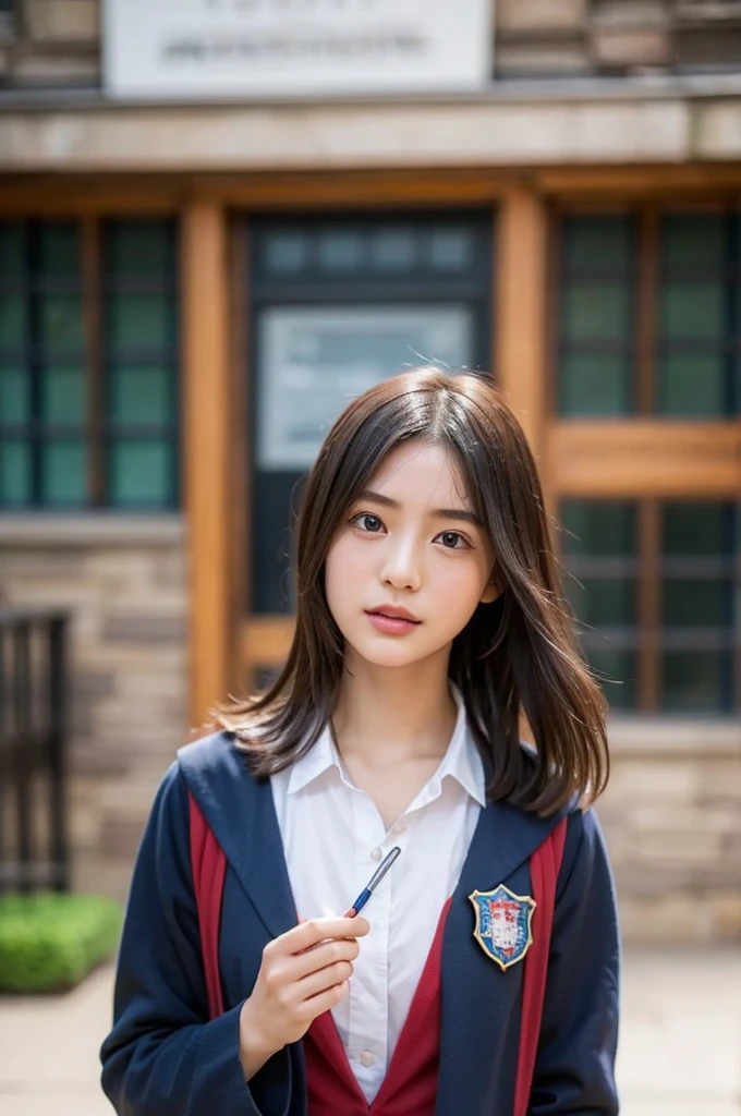 ８k、 high definition 、 ULTRA DETAILS、 photorealistic 、 realisticで正確な描写、 realisticで正確な人体構造、 high resolution、 best quality 、Young female student,  photoshoot,  wear a Hogwarts uniform with Hogwarts in the background, ホグワーツを背景に,  detailed skin,  detailed hair ,  detailed face, ,  realistic, Forward-facing eyes,  holding a magic wand , Original photo、Ravenclaw、 natural makeup、Perfect beautiful girl、whole body、clear､ little chest、Beautiful breasts