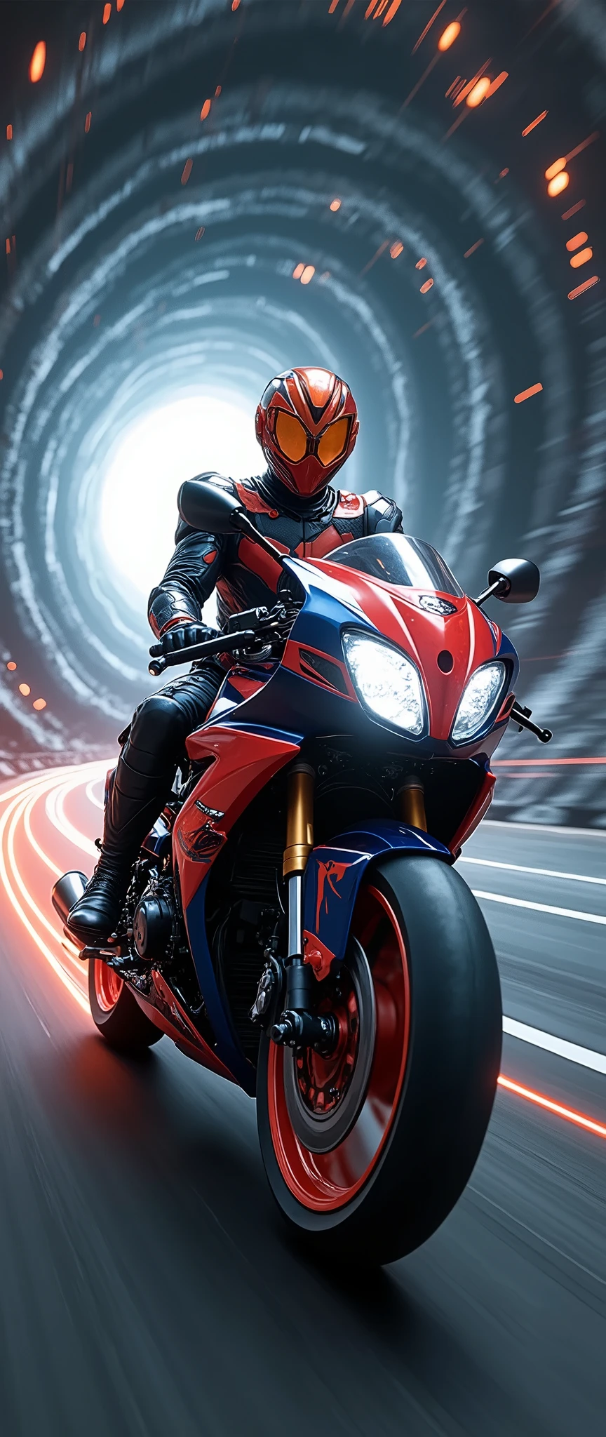 Motorcycle rider in motion on a winding road with a tunnel in the ...