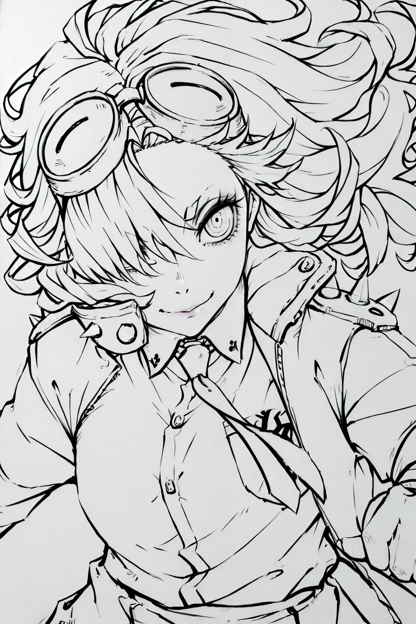 score_9, score_8_up, score_7_up, score_6_up, score_5_up, score_4_up,  
BREAK
(masterpiece: 1.0), best quality, perfect anatomy, perfect composition, perfection, 
BREAK
line-art, lineart, monchrome, greyscale, masterpiece. kdm style, no color
BREAK
1girl, school shirt, tie, jacket, spiked shoulder pads, long flowing hair, hair over one eye, ringed eyes, googles on head, high angle, smile, small eyebrows, defined eyelashes 