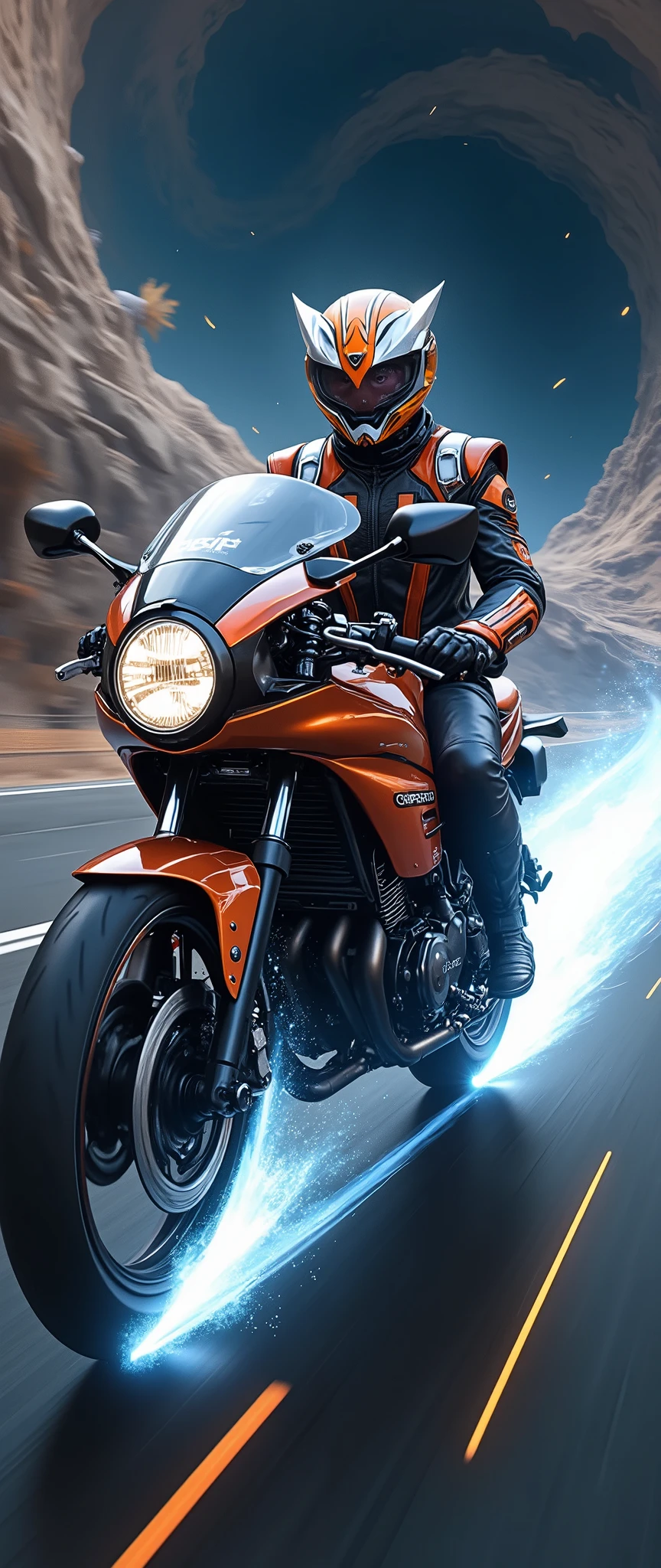 (Masterpiece,8k,16k,wallpaper),( Best Illustrations ),( ray tracing ),(SF:2.0),( cyberpunk:2.0),( Kamen Rider riding a motorcycle :2.0),( Kamen Rider with Japanese Runaway Tribe as a motif:2.0),( cyberpunkな暴走族風のバイク),( expresses super speed of light with beautiful white lines of light :2.0),( The background is a wormhole :2.0),( visual effect :2.0,),( motion blur:2.0)
