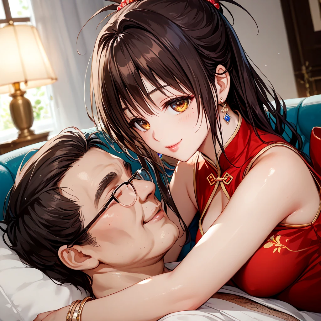 Highly shiny embroidery、Dark-haired Chinese princess in a rumpled red long-sleeved cheongsam、Having sex with the emperor while writhing around on the bed