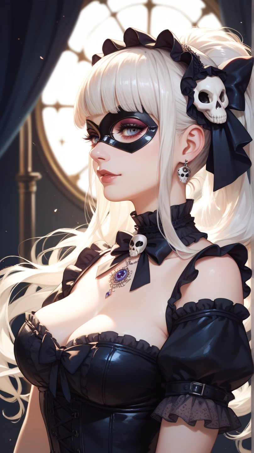 1girl, bare shoulders, black gloves, black mask, blonde hair, blue eyes, cleavage, collarbone, dress, earrings, eyepatch, gloves, hand up, jewelry, gigantic breasts, lips, lipstick, long hair, looking at viewer, makeup, mask, one eye covered, parted lips, red lips, simple background, solo, strapless, strapless dress, upper body,(shiny skin),signora \(genshin impact\),(masterpiece:1.4),(best quality:1.4), <lora:signoraGenshinImpact_v20:1> <lora:japaneseDollLikeness_v10:0.45>