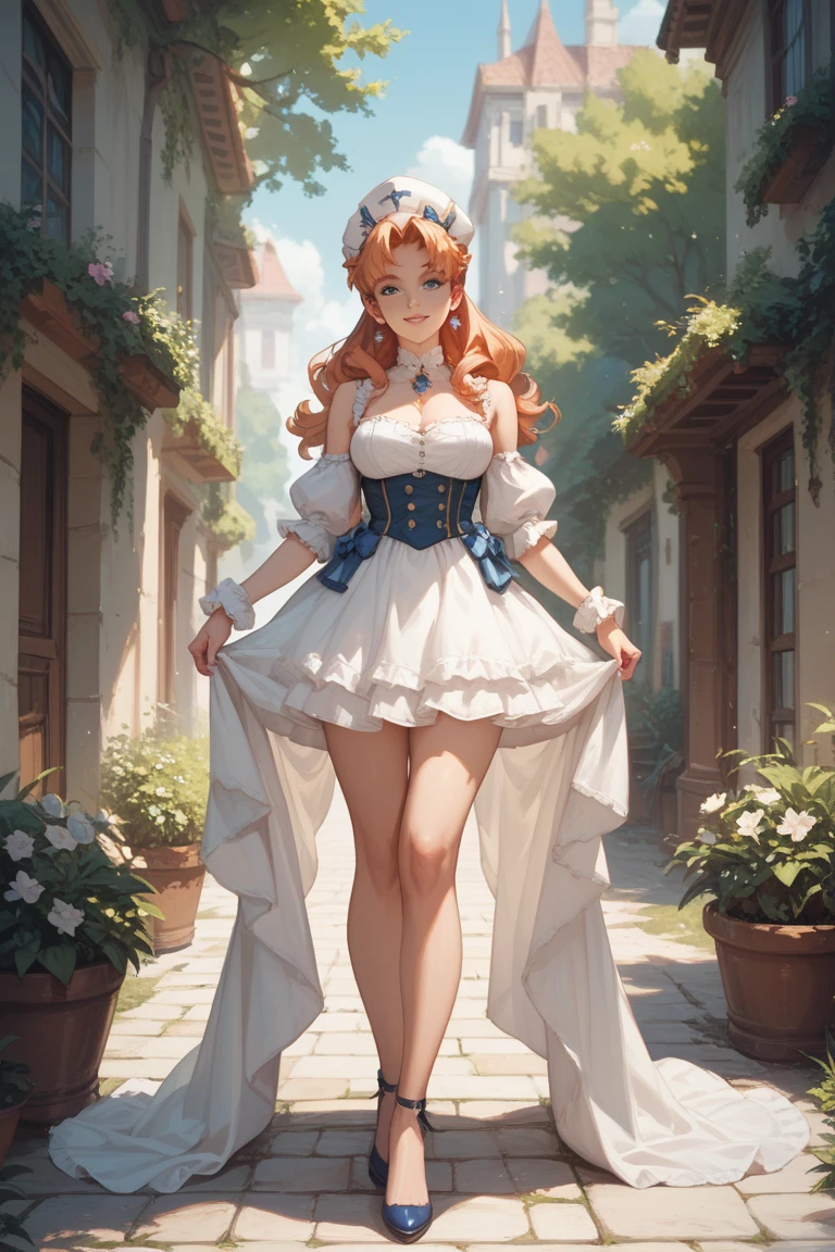 Beauty,  long curly puffy red hair,  head bow, blouse,  shiny tan pantyhose,  high heels,  standing,  smiling,  sun shiny day 
