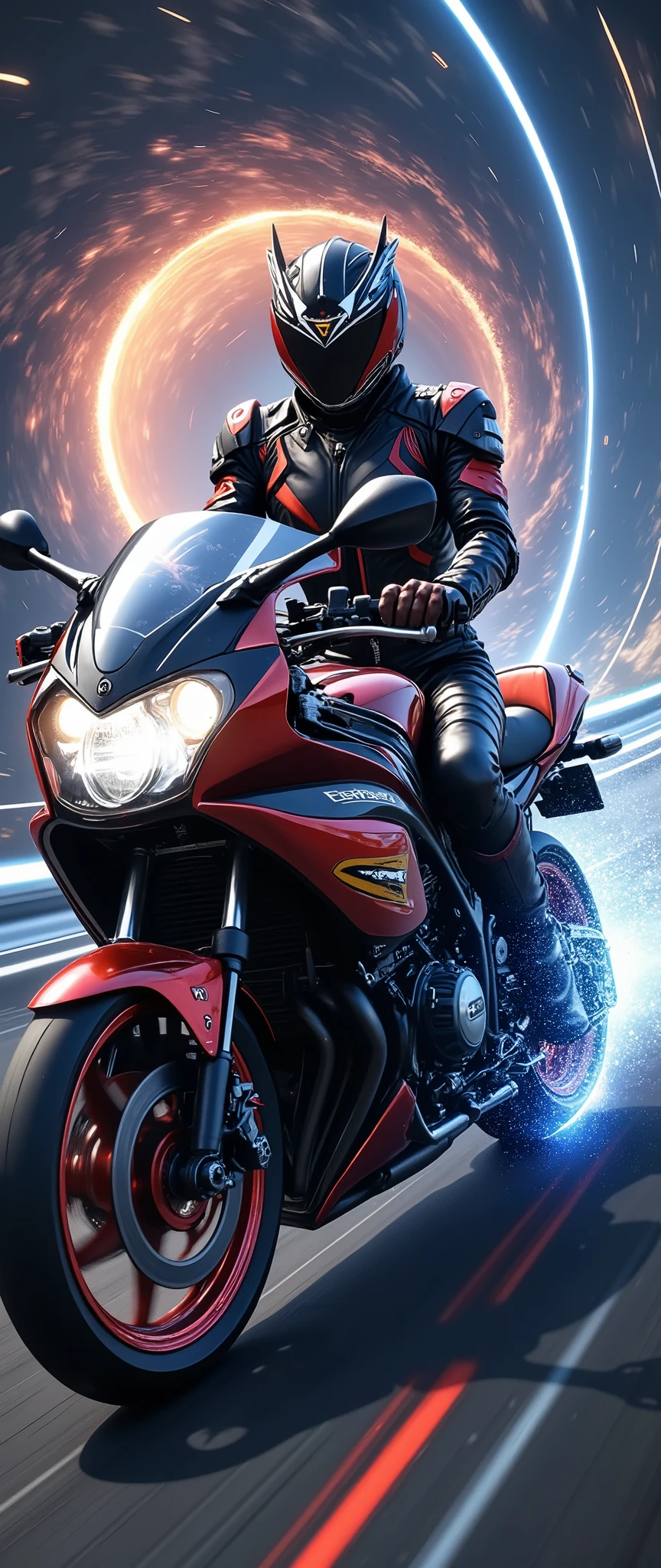 (Masterpiece,8k,16k,wallpaper),( Best Illustrations ),( ray tracing ),(SF:2.0),( cyberpunk:2.0),( Kamen Rider riding a motorcycle :2.0),( Kamen Rider with Japanese Runaway Tribe as a motif:2.0),( cyberpunkな暴走族風のバイク),( expresses super speed of light with beautiful white lines of light :2.0),( The background is a wormhole :2.0),( visual effect :2.0,),( motion blur:2.0)
