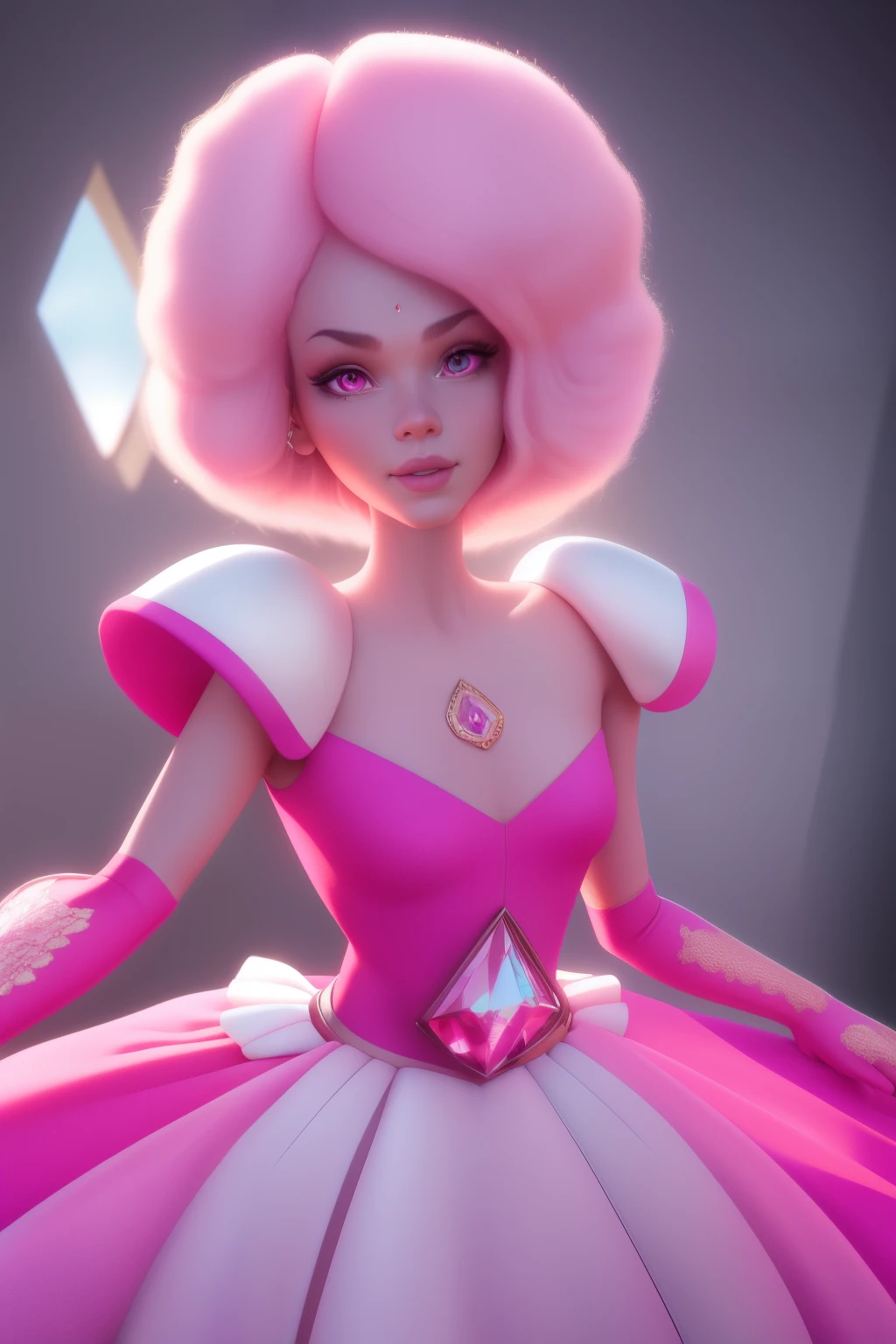 pnkdamond, pink hair, pink eyes, long hair, stomach gem, pink skin, toned,
puffy short sleeves, elbow gloves , white thighs, Puffy dress,
standing, Upper part of the body,
outer space,
(incredibly detailed, beautiful detailed face,Beautiful detailed eyes, Masterpiece, Best Quality) cinematic lighting, SMILE,