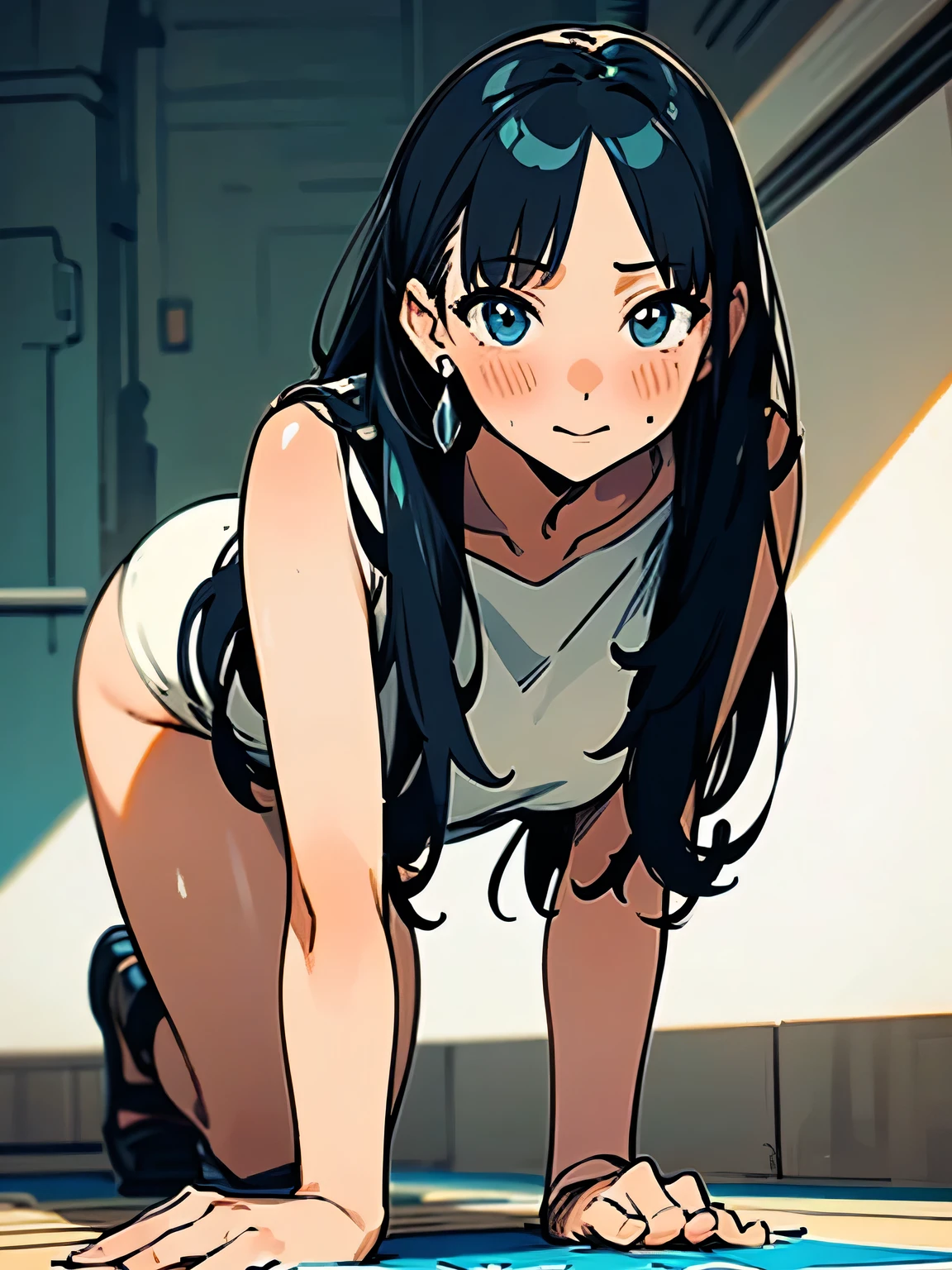 (8K、Highest image quality、highest quality、masterpiece)、detailed face、((1 baby girl))、mesugaki、black hair、twintails、blunt bangs、gray eyes、evil smile、((grin))、steam、((small breasts))、((one-piece swimsuit))、cowboy shot、look back、Turning your butt off、Take a photo from behind、locker room background